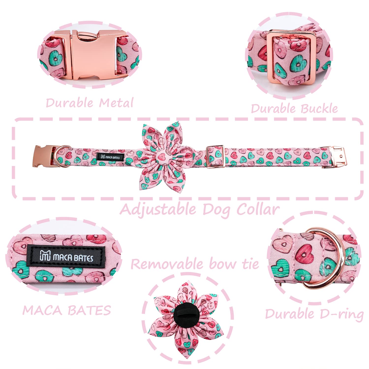 Maca Bates Flower Valentines Sweet Heart Dog Collar with Flowers for Dogs Adjustable Breakaway Red Collars Accessories for Small