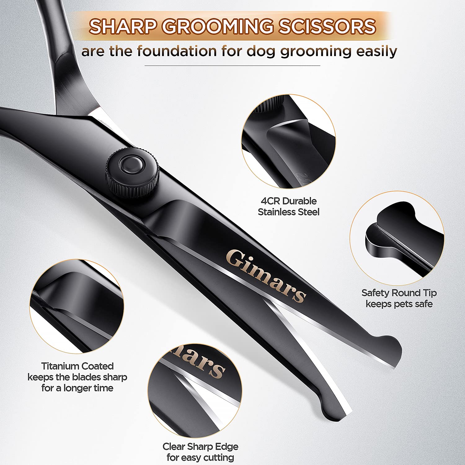 Gimars 6 in 1 Professional Grooming Scissors for Dogs, Cats - Stainless Steel, Heavy Duty, Safety Round Tip, Black