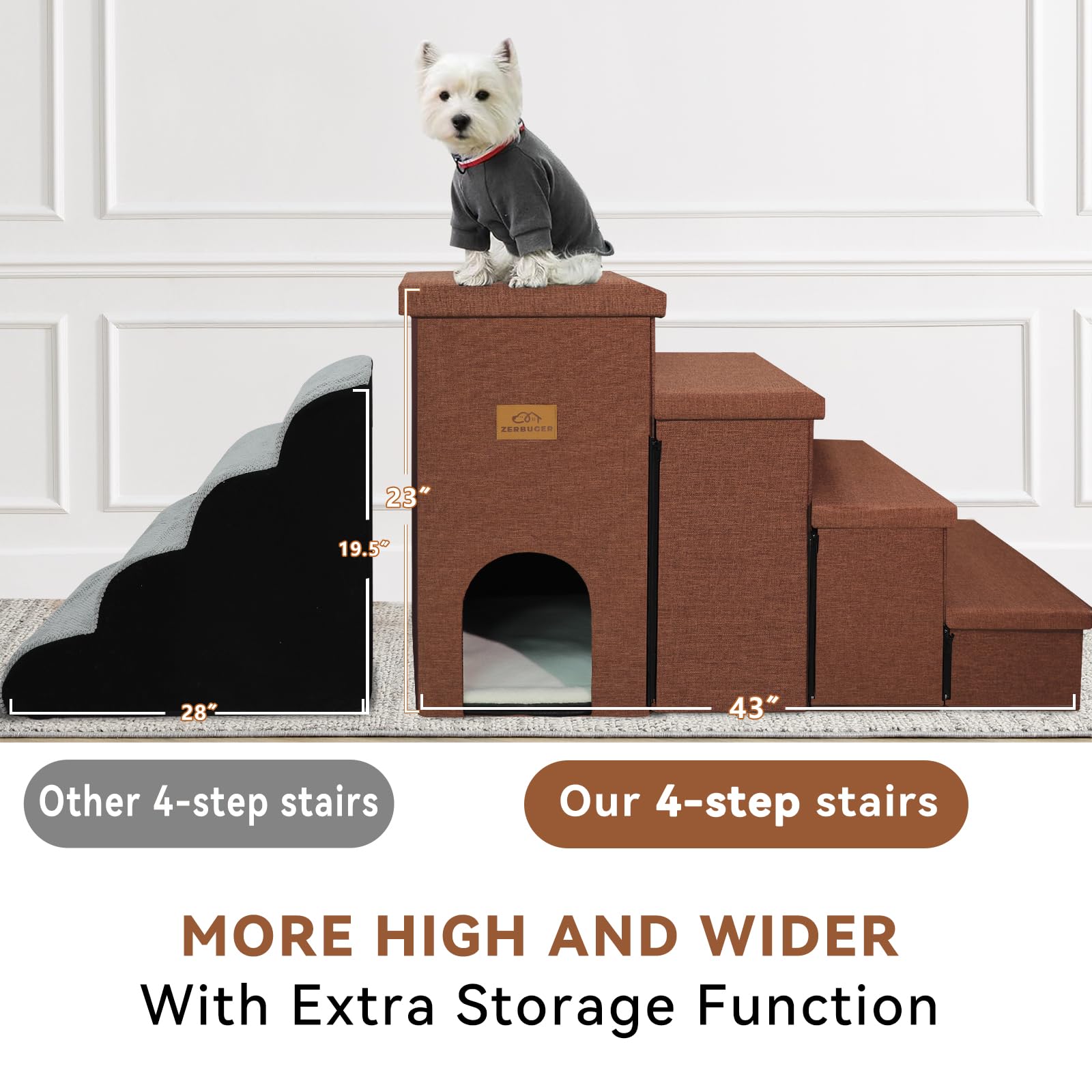 Zerbuger Dog Stairs with Condo 23  H, 4-Step Wider Dog Steps for High Beds Window, Folding Storage Pet Stairs Gift for Small/Med