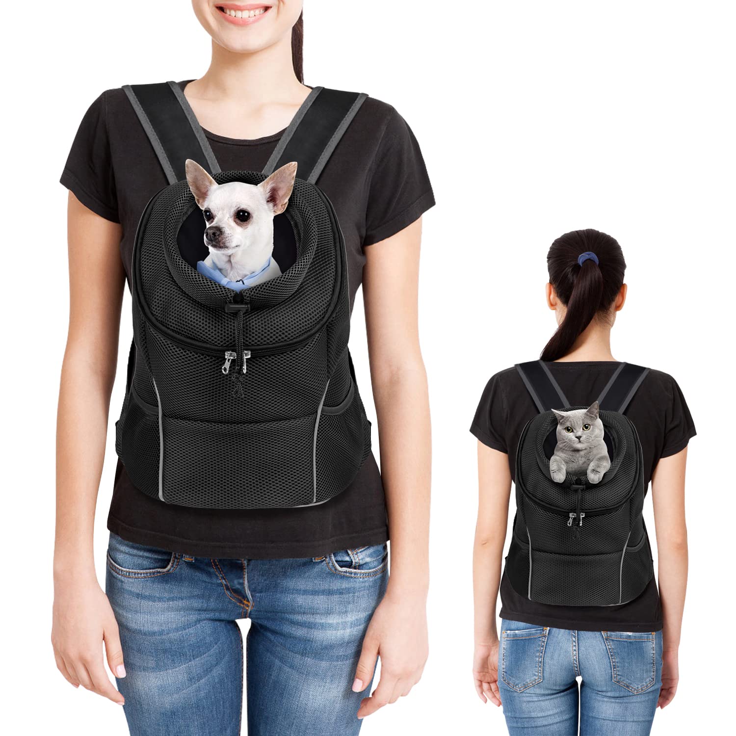 Woyyho Pet Dog Carrier Backpack Puppy Dog Travel Carrier Front Pack Breathable Head-Out Backpack Carrier For Small Dogs Cats Rabbits (L (Up To 14 Lbs), All Black)