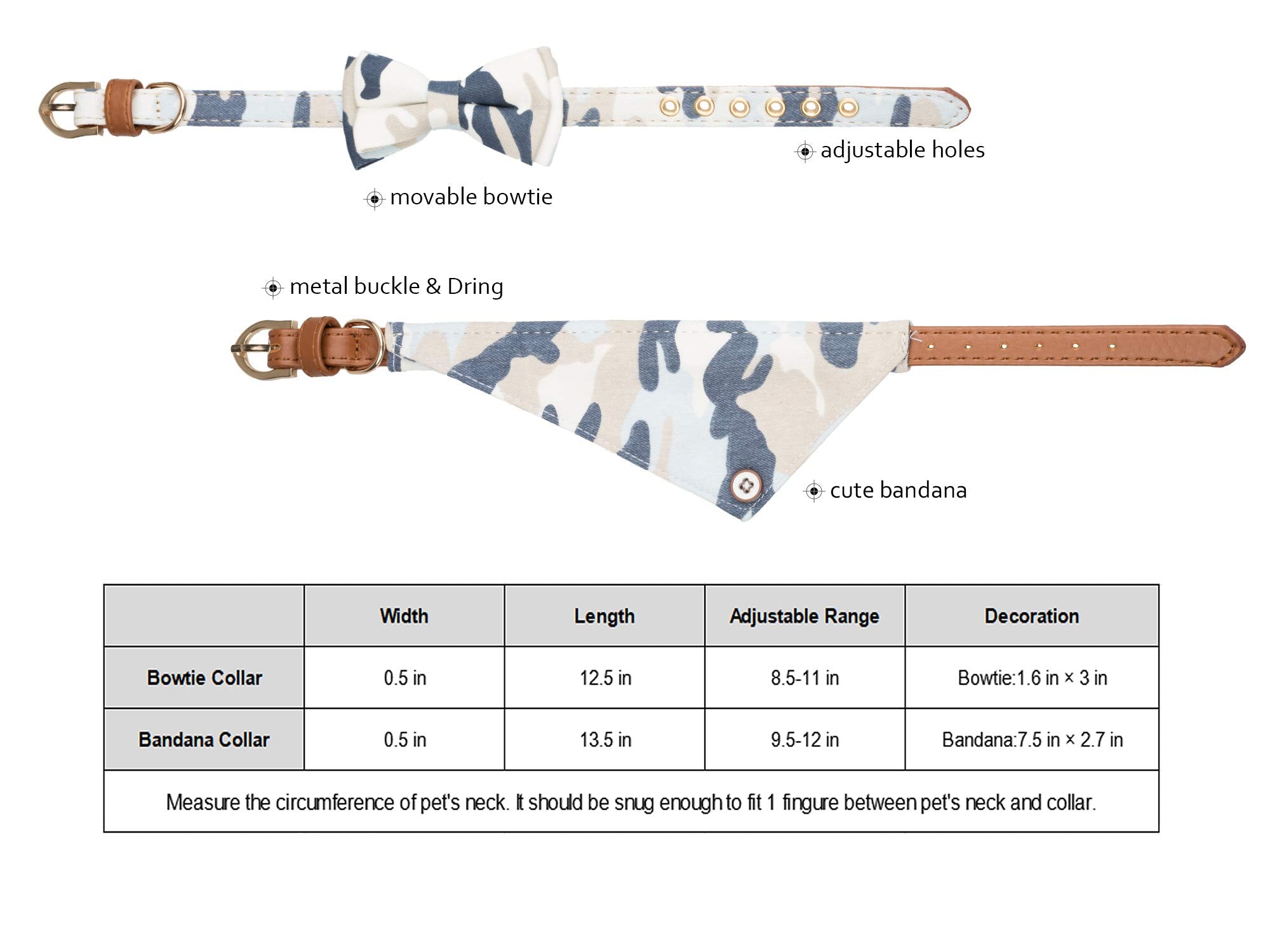 Gyapet Small Dog Collar For Dogs Cat Bow Tie Puppy Kitten Bandana 2Pcs Pu Leather Canvas Scarf Camo Camo-Blue