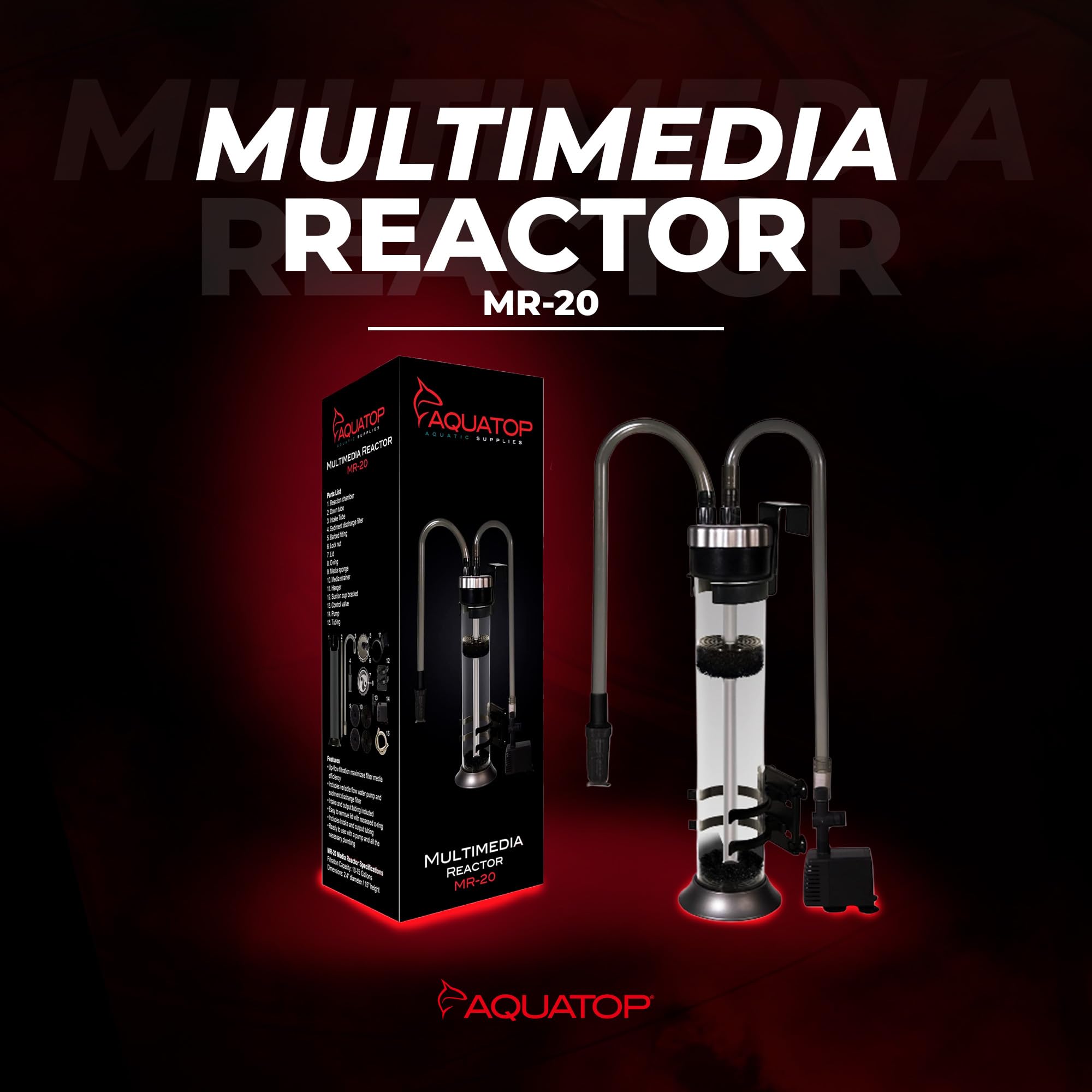 Aquatop Media Reactor - 95 GPH Up-Flow Filtration System for 10-75 Gal Tanks - Adjustable Pump - Multi Color - Model MR-20