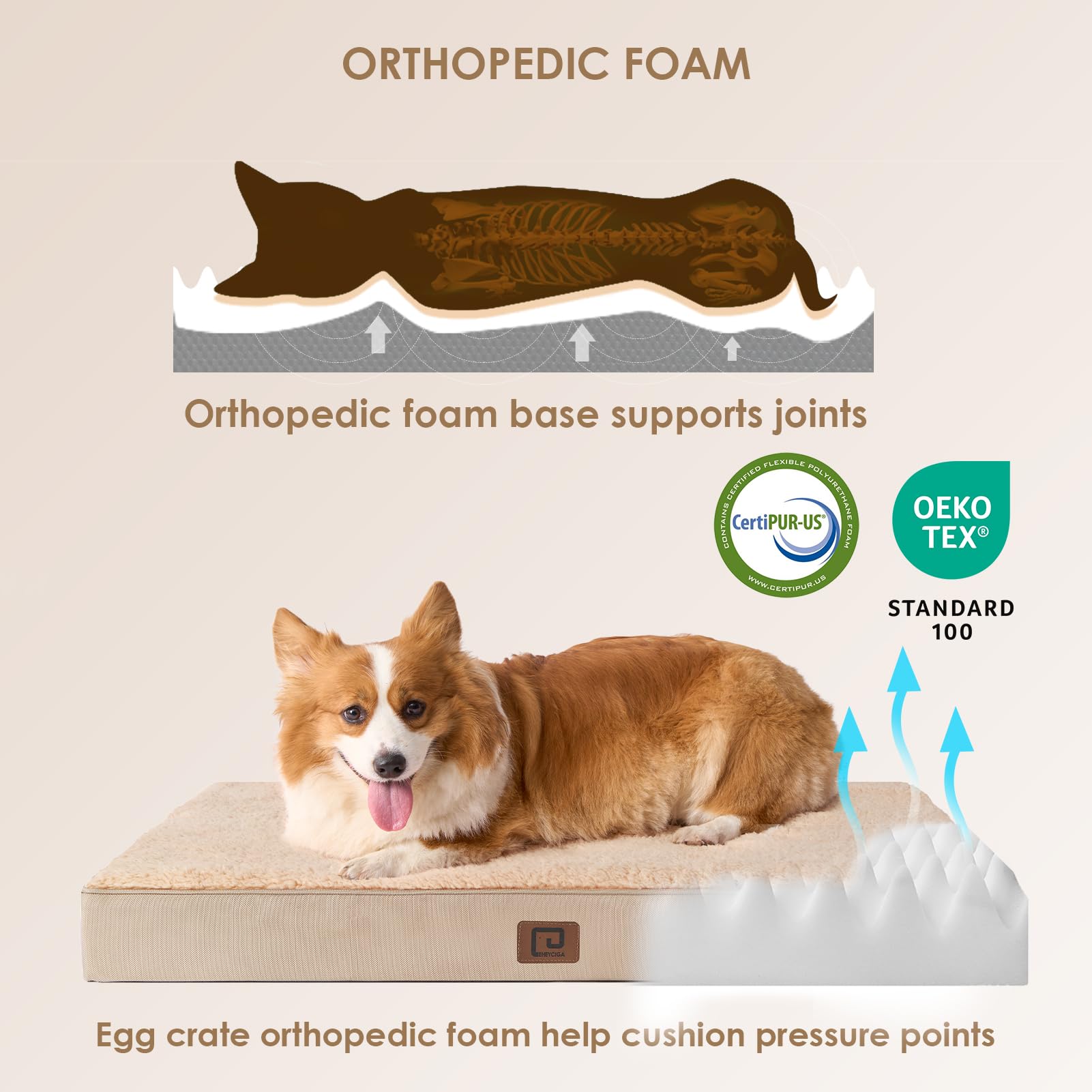 Eheyciga Orthopedic Dog Beds For Large Dogs With Removable Washable Cover, Khaki, 36X27
