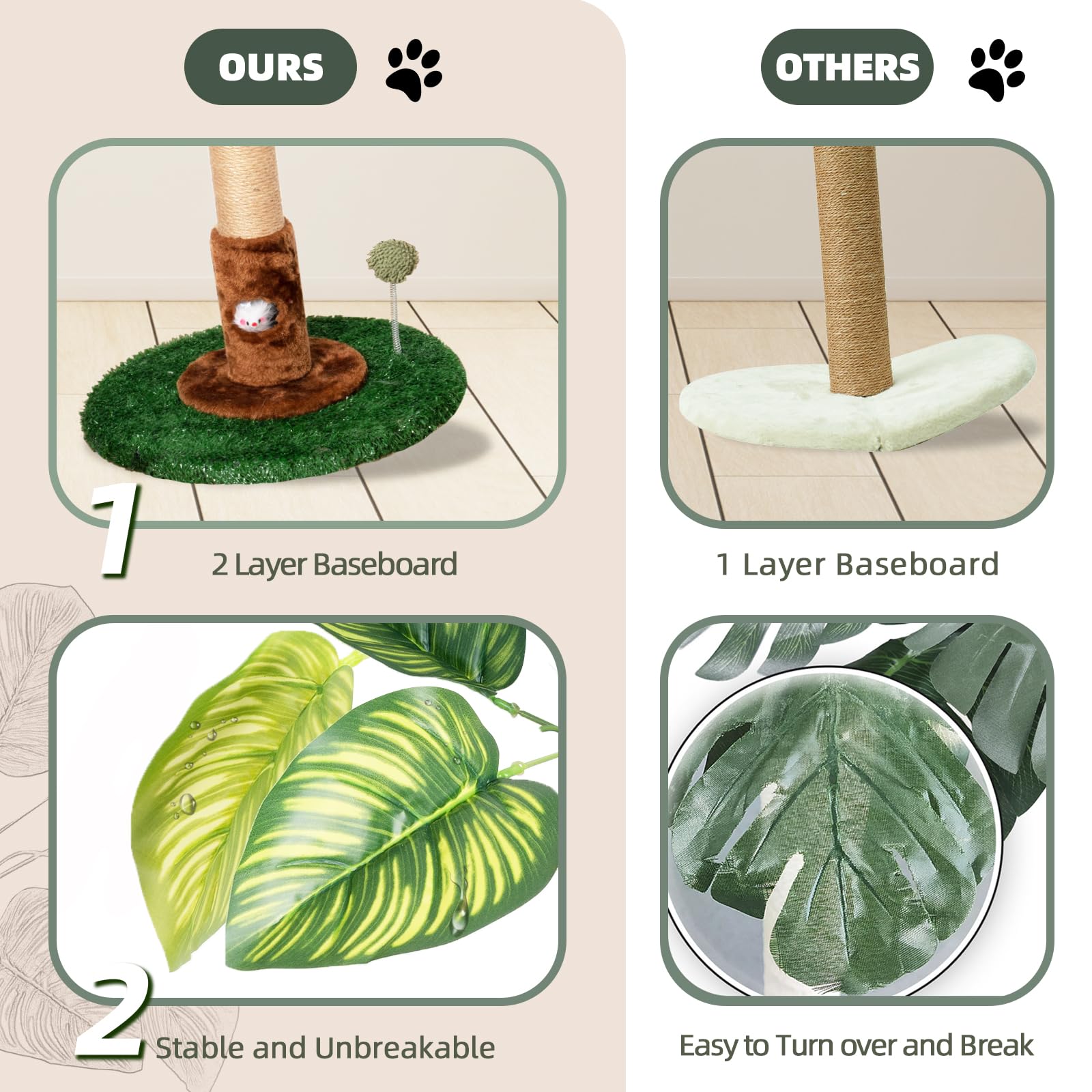 Meowoou Cat Scratching Post For Indoor Cats And Kitten, 35    Tall Monstera Cat Scratching Post With Sisal Hanging Interactive B