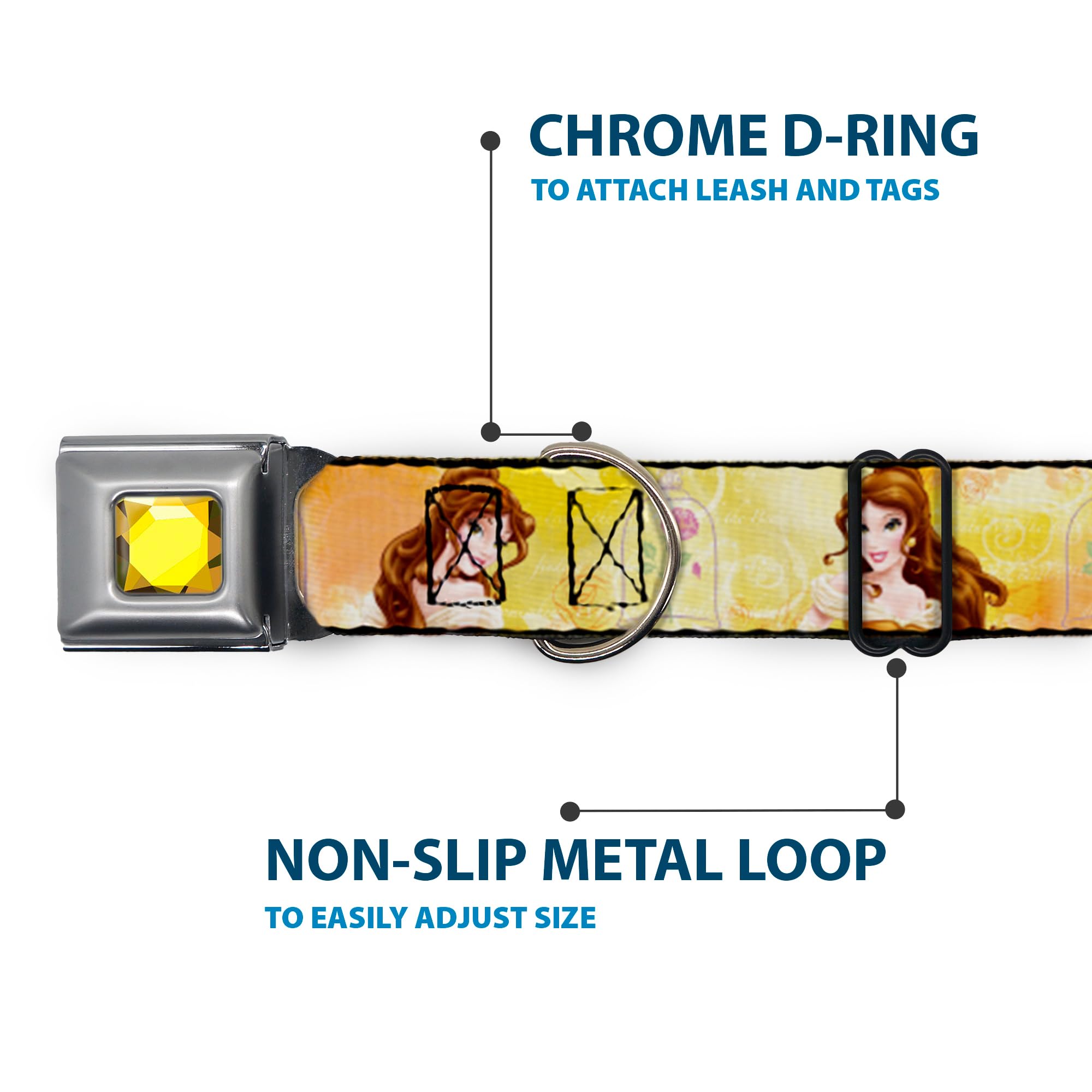 Buckle-Down Seatbelt Buckle Dog Collar - Belle Poses/Enchanted Rose/Story Script Yellow/Pinks - 1.5' Wide - Fits 18-32' Neck -