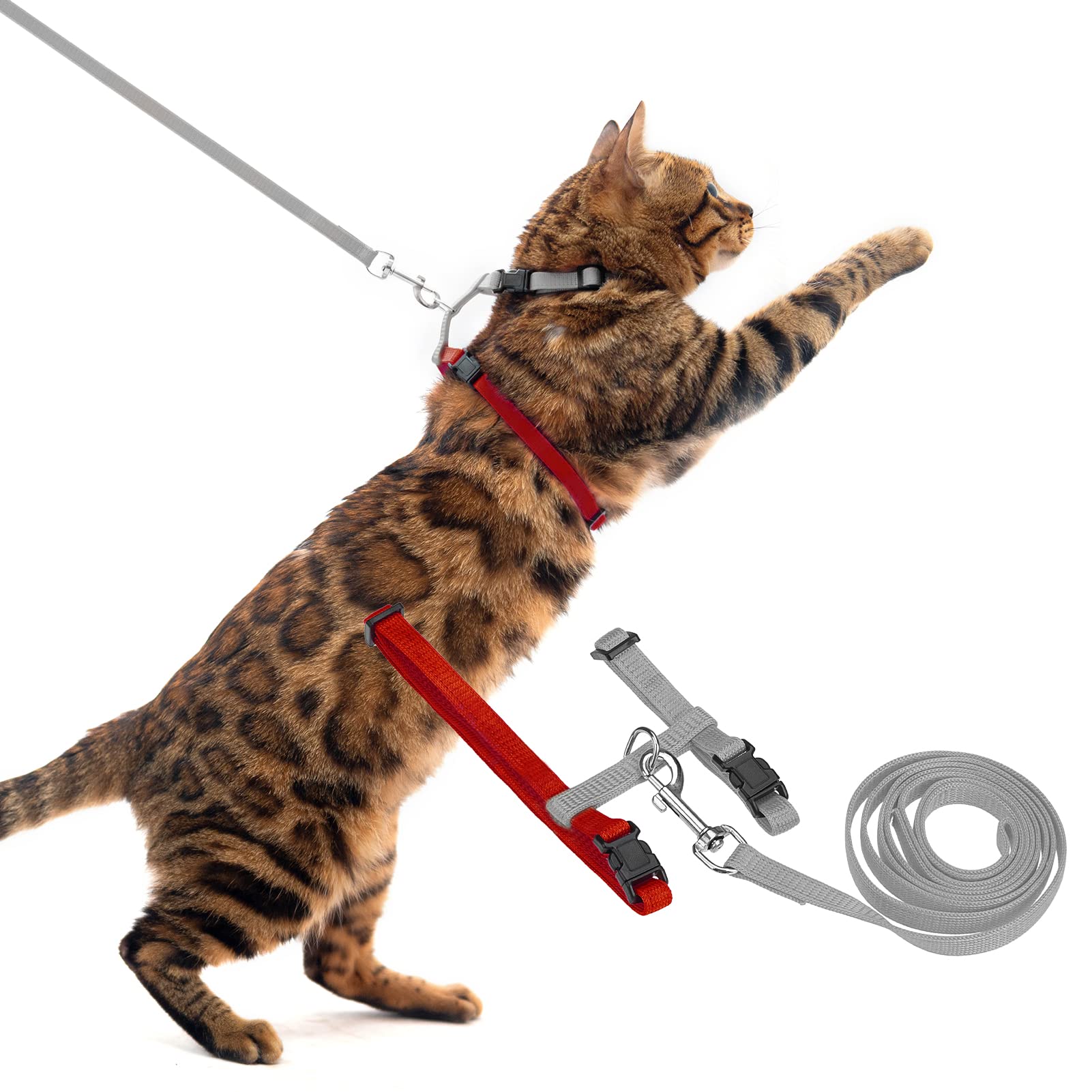 Pupteck Adjustable Cat Harness And Leash Set Escape Proof Kitten Strap Collar For Walking Travel, Grey/Red Mixed