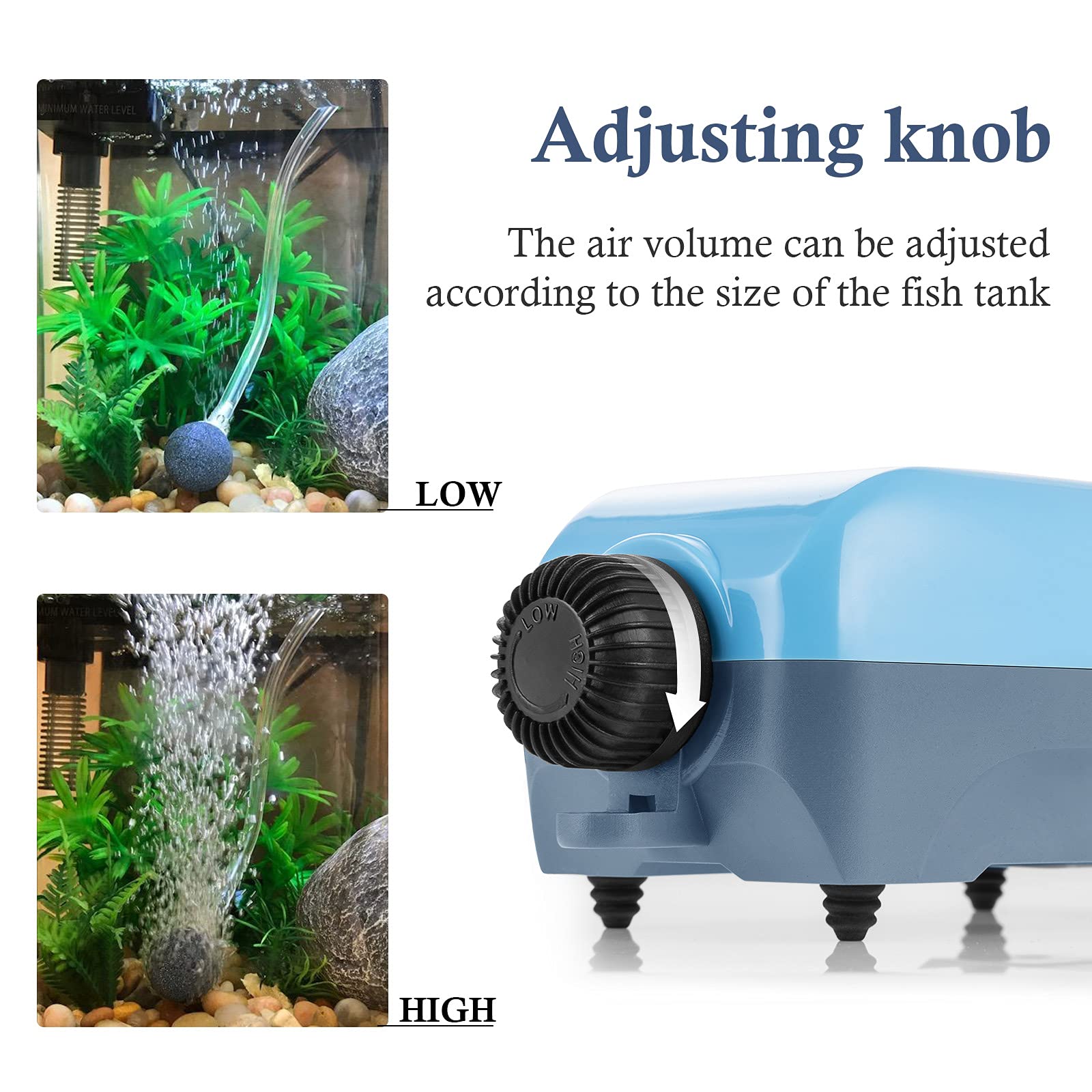 HITOP Dual Outlets Aquarium Air Pump, Whisper Adjustable Fish Tank Aerator, Quiet Oxygen Pump with Accessories for 20 to 100 Gal