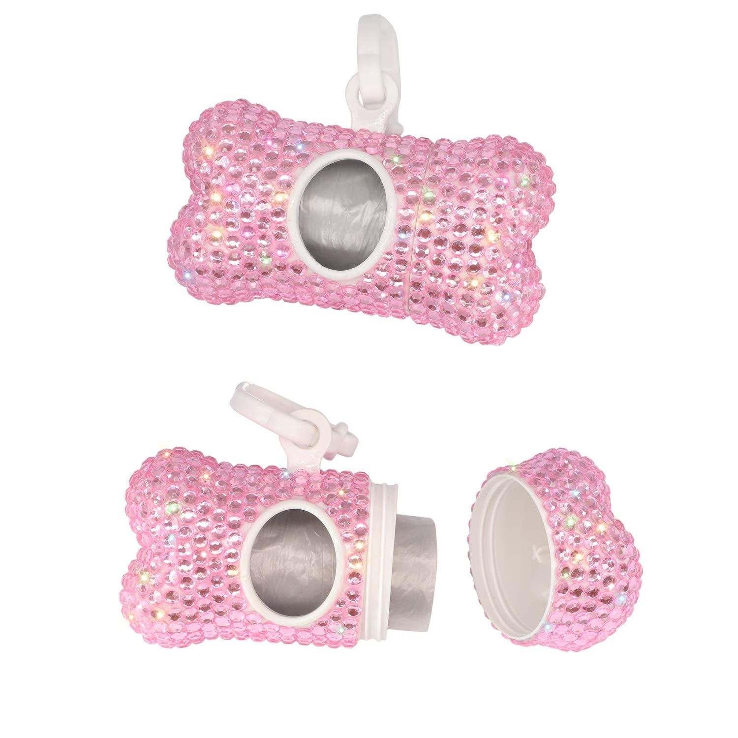 Soleebee Bling Crystal Bone Shaped Pet Waste Bag Dispenser With 1 Roll Waste Bags (Pink)