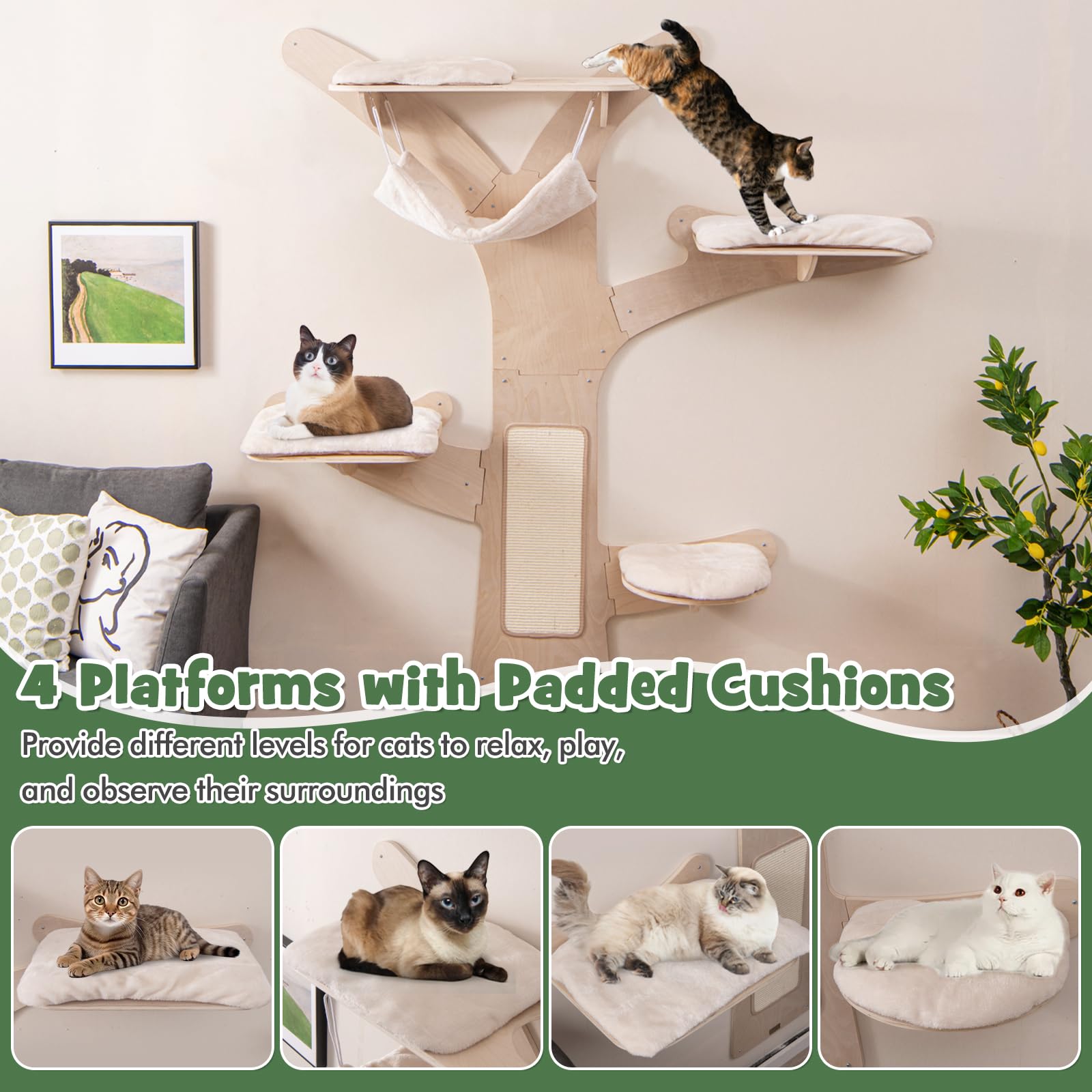 Tangkula Cat Wall Shelves, Wall Mounted Cat Tree Furniture with 4 Padded Platforms, Hammock, Sisal Scratching Mat, Removable & W