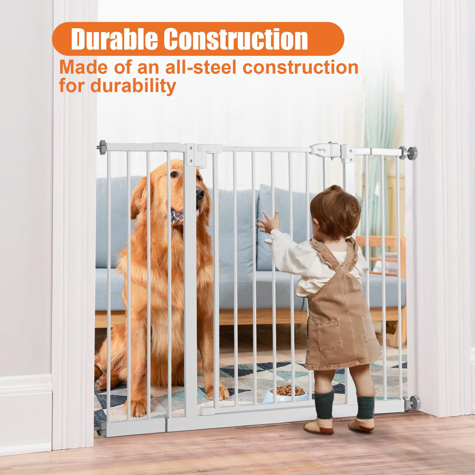 Keny 29-42.5 Baby Gate For Stairs, Auto Close Safety Dog Gate, Pressure Mounted Easy Walk Through Pet Gate For Doorways, Durable