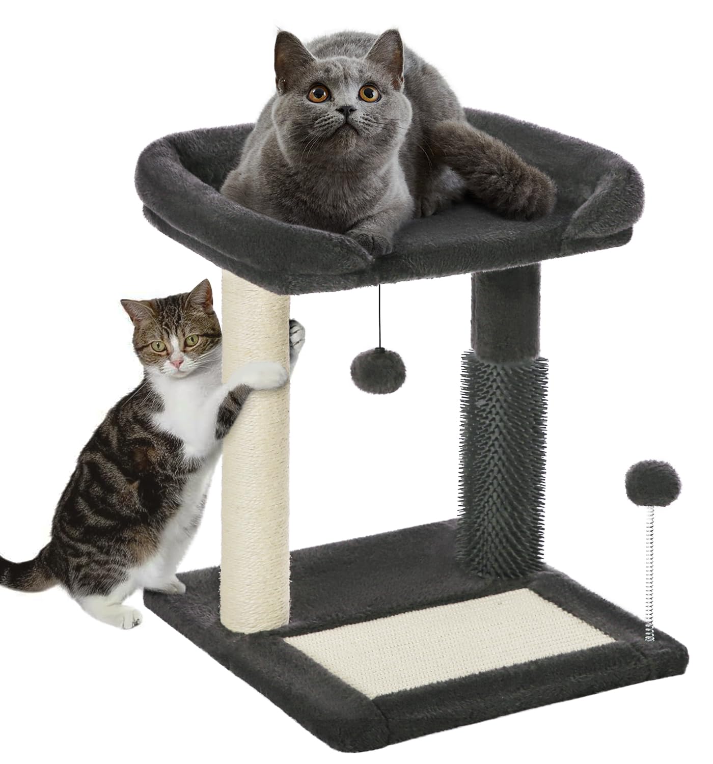 Made4Pets Small Cat Tree Tower, Cat Scratching Post 4-In-1 With Cat Self Groomer Brush, 20'' Tall Natural Sisal Cat Scratcher, S