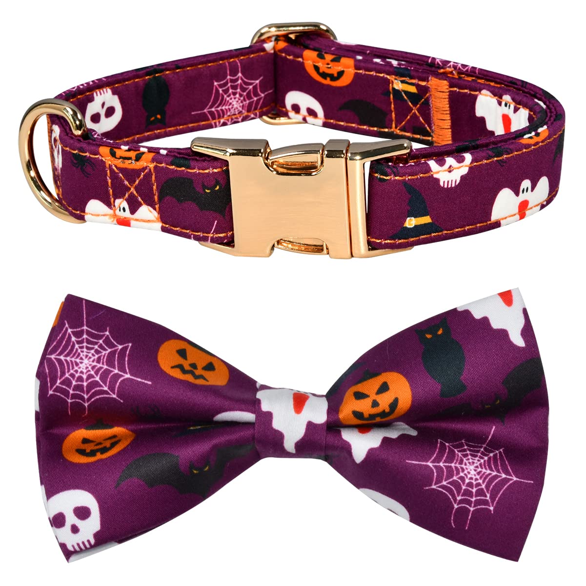 Nesttimes Halloween Bats,Ghosts,Black Cats And Pumpkins Dog Bow Tie Dog Collar,Detachable Bowtie, Adjustable Collar For Small Medium Large Dogs, L(14 --21'')
