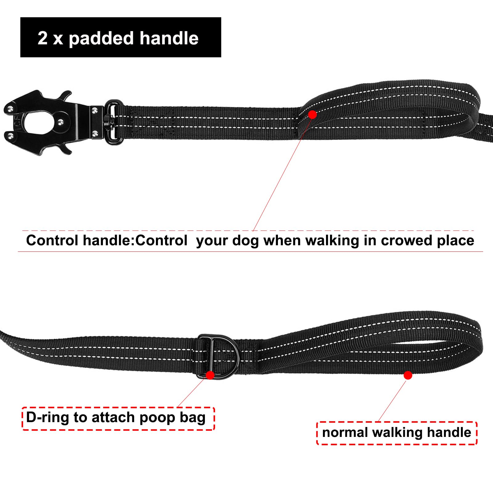 Icefang Tactical Dog Leash,K9 Training Walking Bungee Lead With 2 Control Handle,Heavy Duty Quick Release Metal Clasp,Hands Free