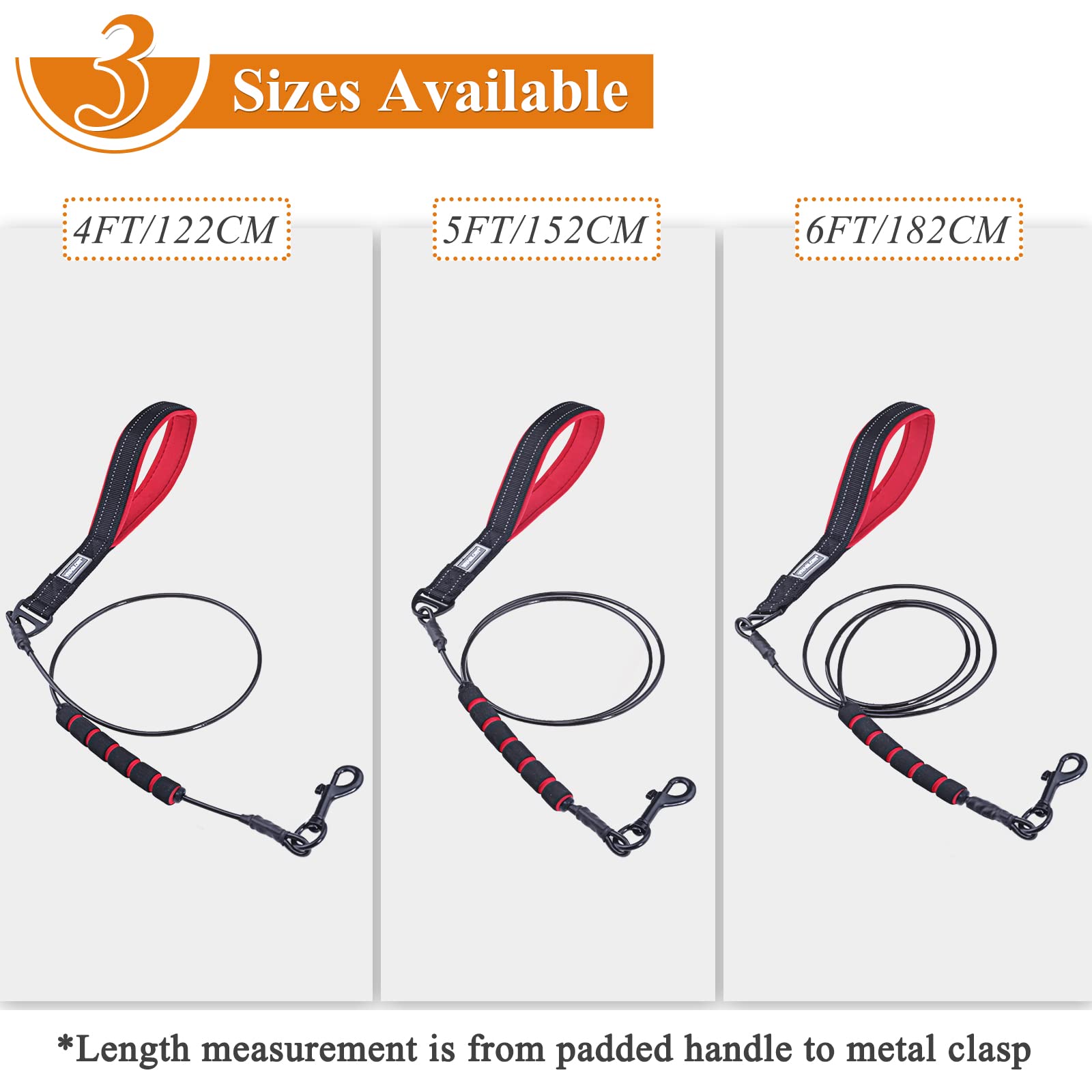 6Ft Chew Proof Dog Leash With Soft Foam And Reflective Padded Handle, Waterproof Vinyl Coated Steel Cable Chew-Resistant Metal Lead For Small Large Dogs