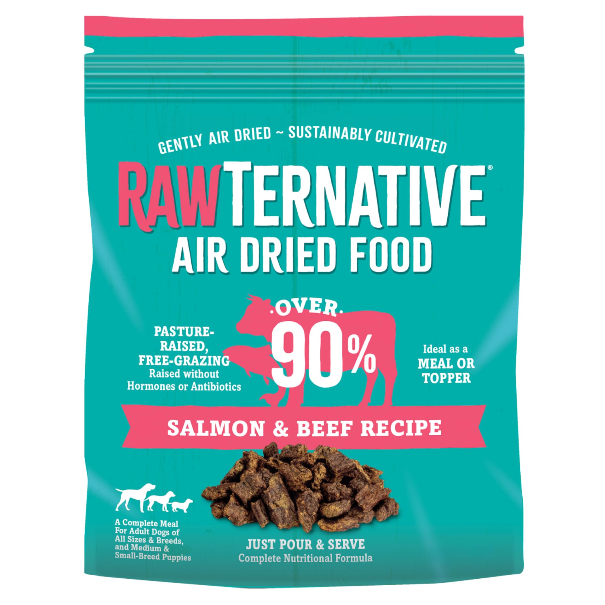 RawTernative Air Dried Dog Food, High Protein, Over 90% Real Salmon & Beef + New Zealand Green Mussels, Complete Meal or Topper,