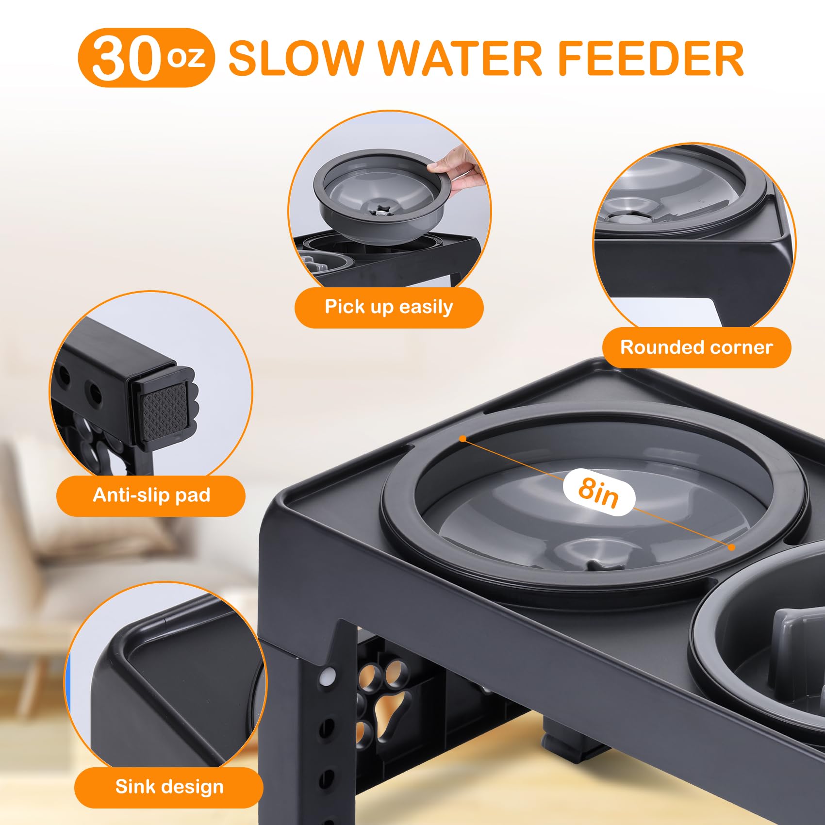 LALOBLUE Elevated Dog Bowls, Raised Slow Feeder Dog Bowls with No Spill Water Bowl, Dog Bowl Stand Adjusts to 5 Heights 2.95'',