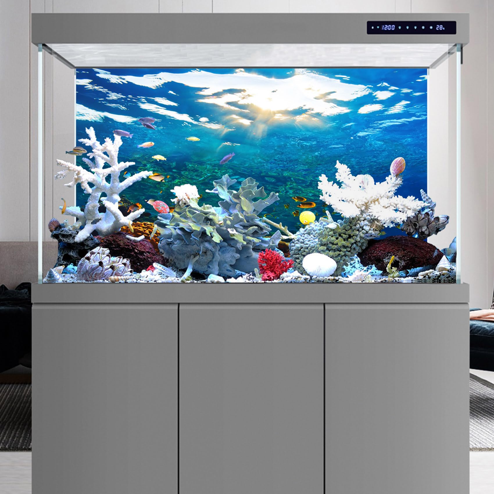 YongFoto Ocean Theme Fish Tank Background 72x18 inch Seaweed Coral Reef Rock Seafloor Tropical Fish Underwater Sea World Polyest