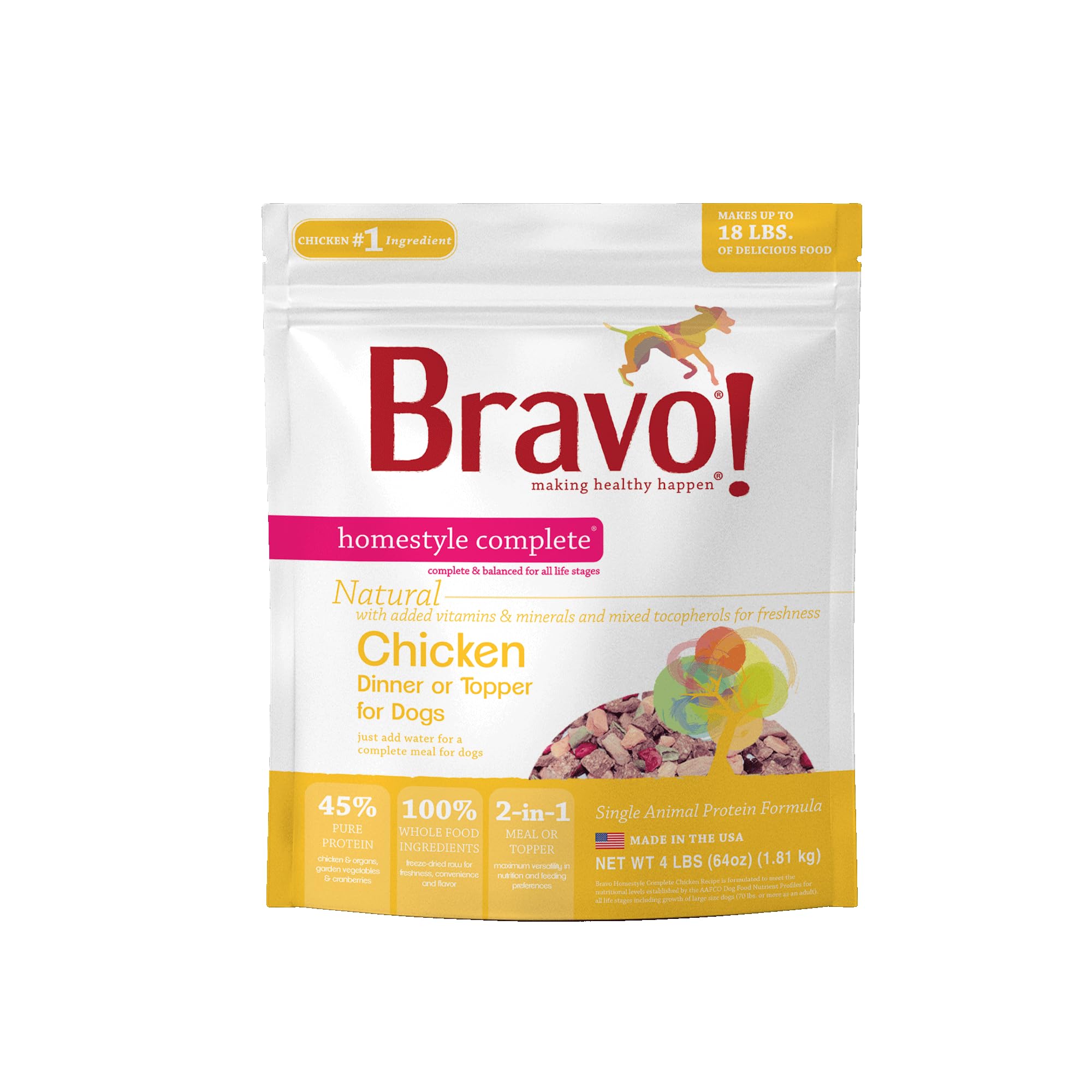 Bravo! Homestyle Complete Freeze Dried Raw Dog Food or Topper, Chicken, 4 Pounds, Add Water to Rehydrate for up to 18 Pounds of 