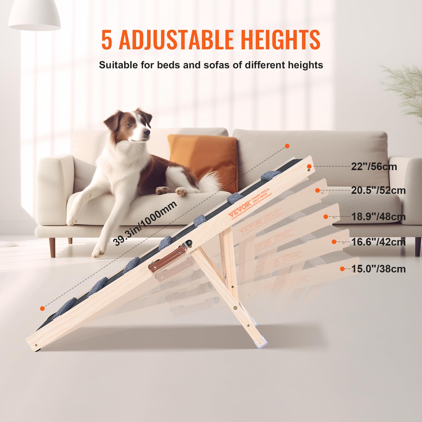 VEVOR Dog Ramp, Folding Pet Ramp for Bed, Adjustable Dog Ramp for Small, Large, Old Dogs & Cats, Wooden Pet Ramp with 39.3 Long