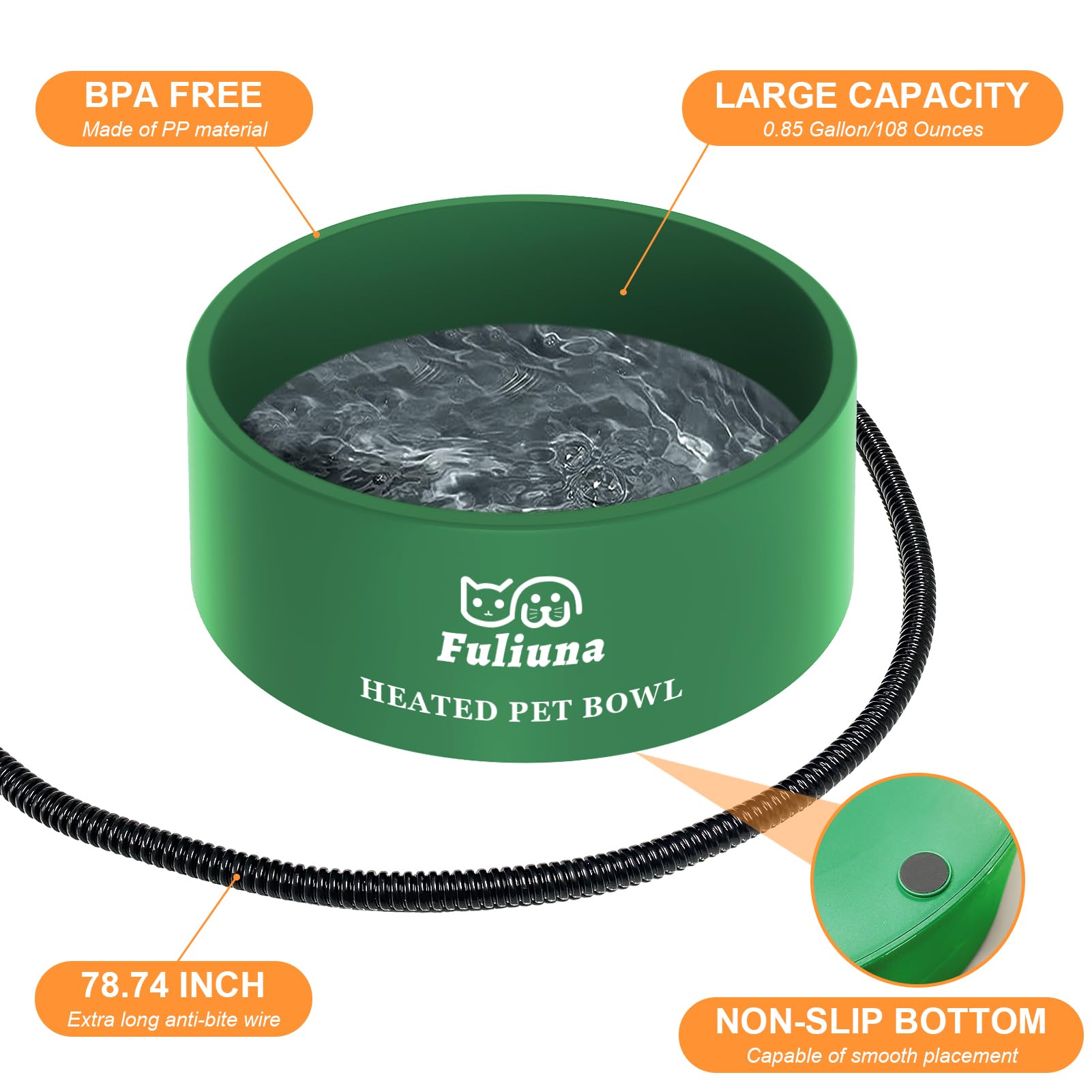 Fuliuna Large Heated Water Bowl, Outdoor Heated Dog Bowl with Chew Resistant Power Cord, Thermal Bowl Provide Drinkable Water in Winter, Heated Pet Bowl for Cat Rabbit Chicken Duck Squirrel 0.85 Gal -Like New