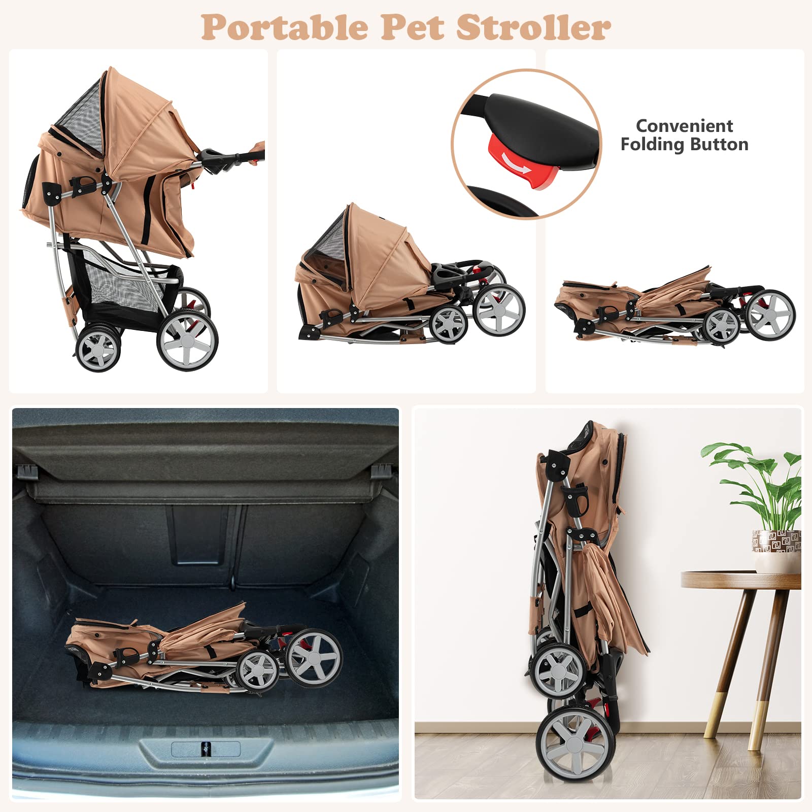 S Afstar 4 Wheels Pet Stroller, Folding Cat Dog Stroller W/Storage Basket & Tray, Adjustable Canopy, All-Terrain Eva Wheels, Fol