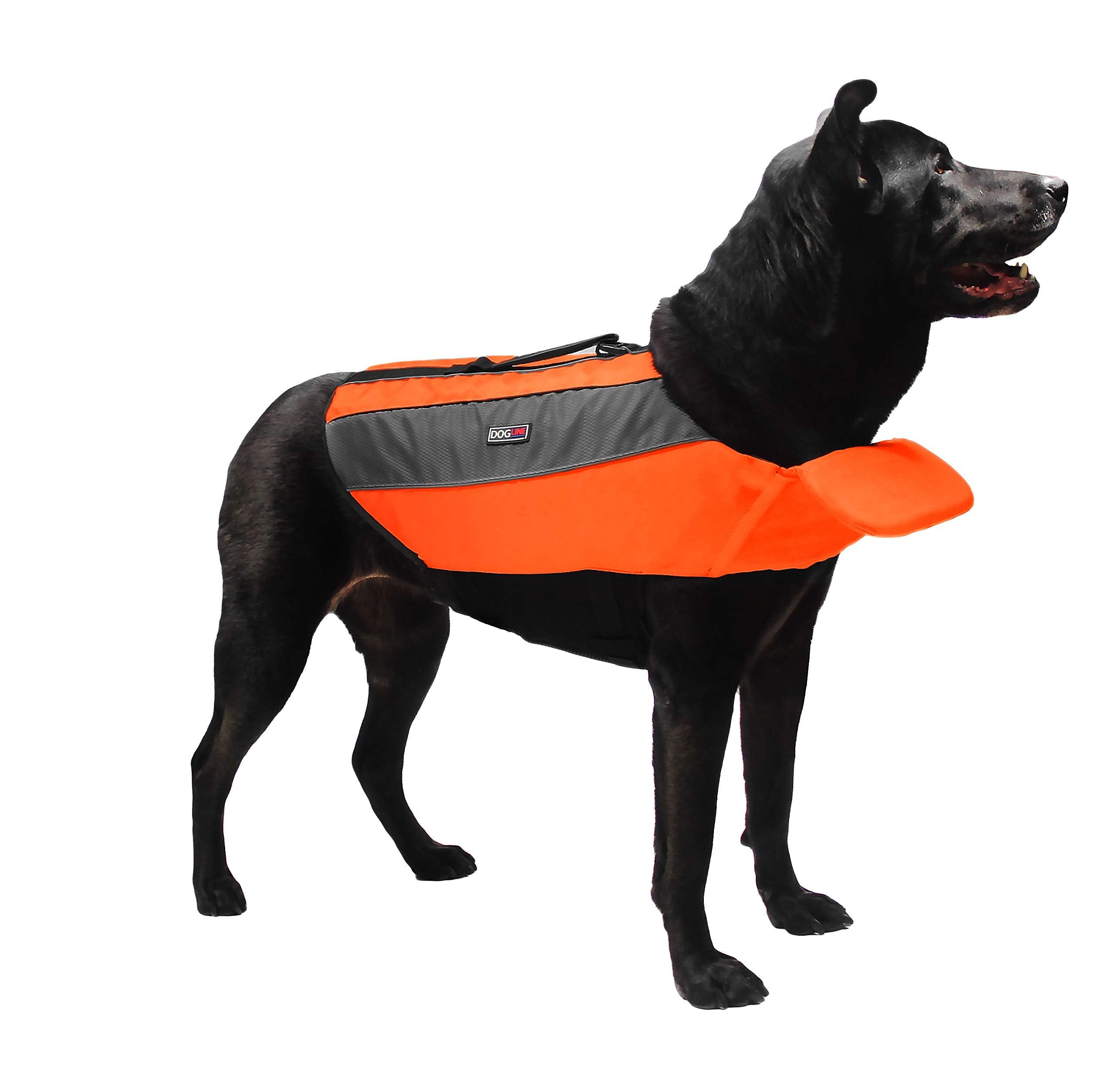 Dogline Dog Life Jacket – Dog Life Vest For Swimming And Boating In Hi-Viz Colors With Reflective Strips Mesh Underbelly For Draining And Drying And Top Carry Handle 26 To 34' Girth Neon Orange