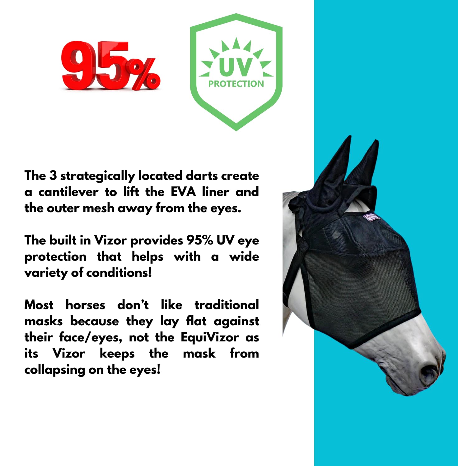 EquiVizor 95% UV Eye Protection (Full) Horse Fly Mask with Ears. Designed to Stay On Your Horse, Off The Ground.