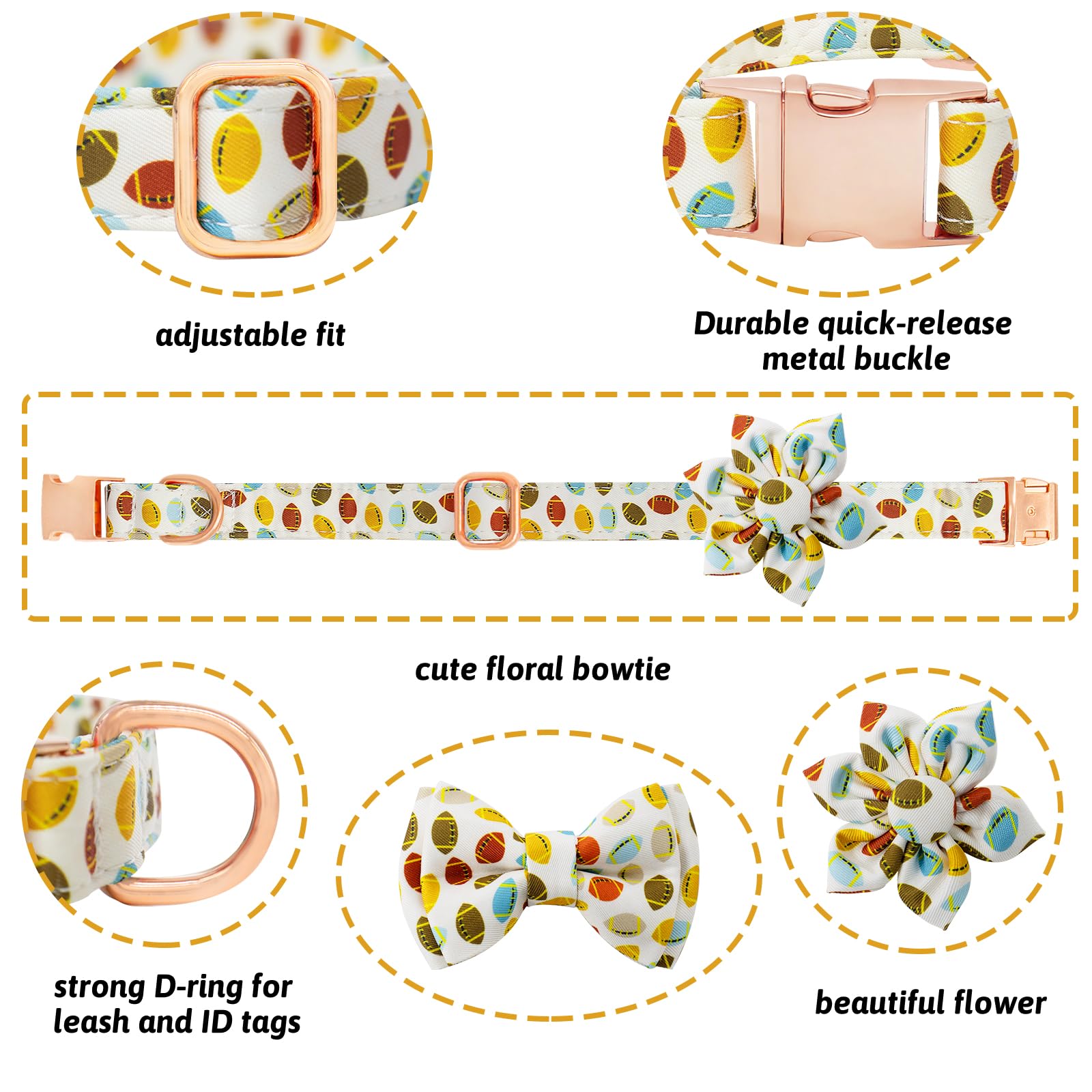 HSIGIO Dog Collar and Leash Set Girls Adjustable Puppy Collars with Floral Bow Tie for Small Medium Large Female Dogs, Rugby, L