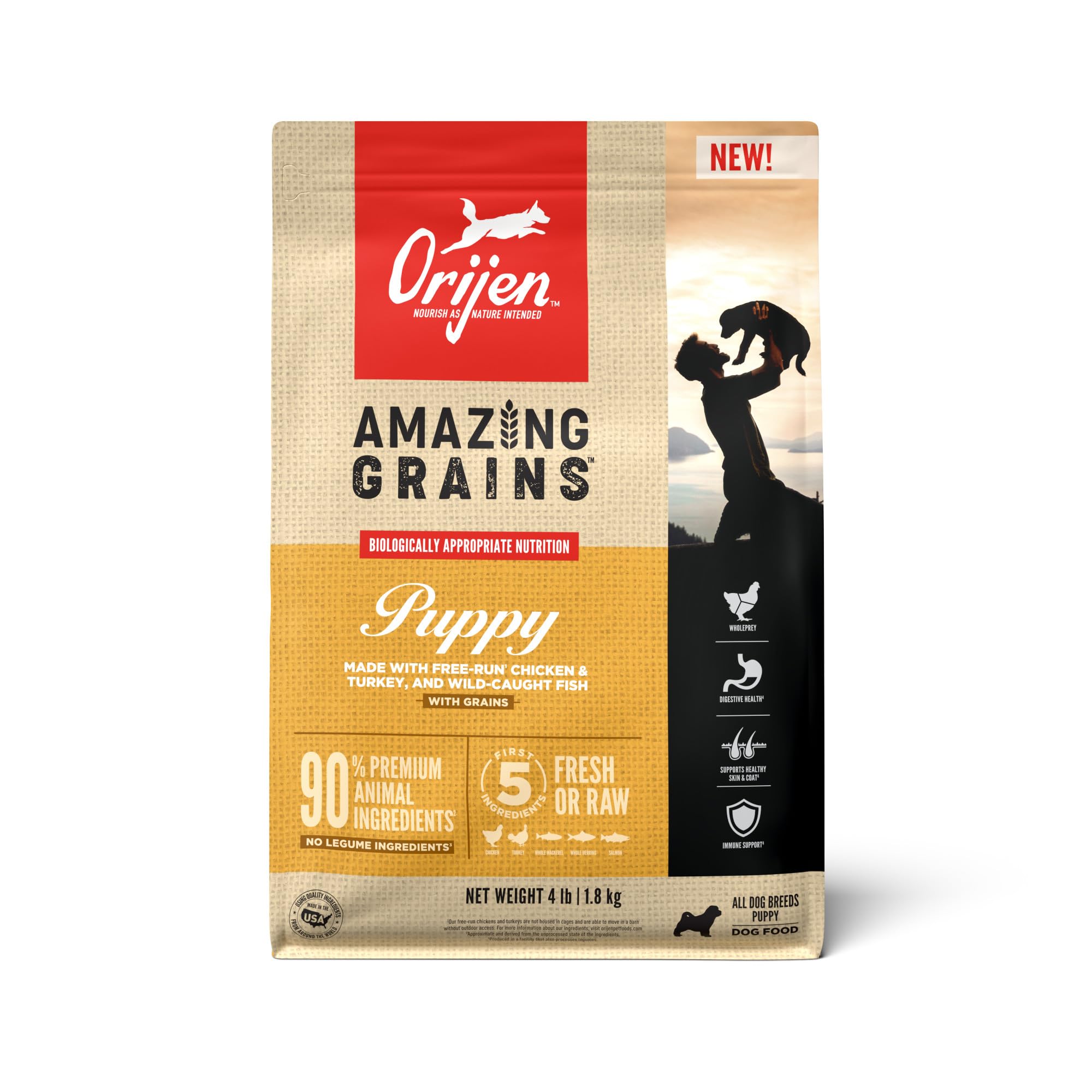 ORIJEN Amazing Grains Puppy Dry Dog Food, High Protein Dog Food for Puppies, Fresh or Raw Ingredients, 4lb