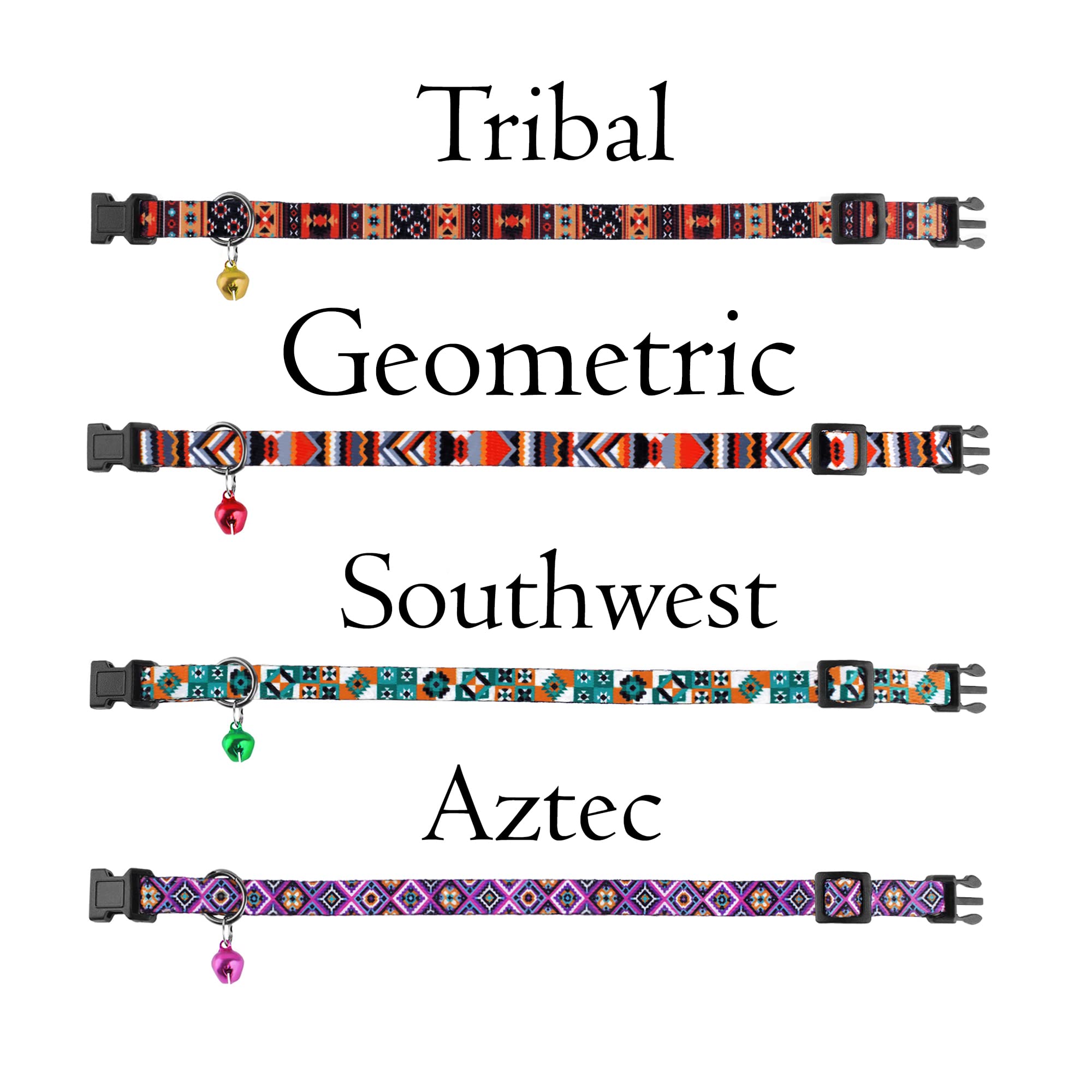Breakaway Cat Collar With Bell - 2 Pack Safety Tribal Pattern Geometric Aztec Print Collars For Cats Kitten (Tribal + Geometric)