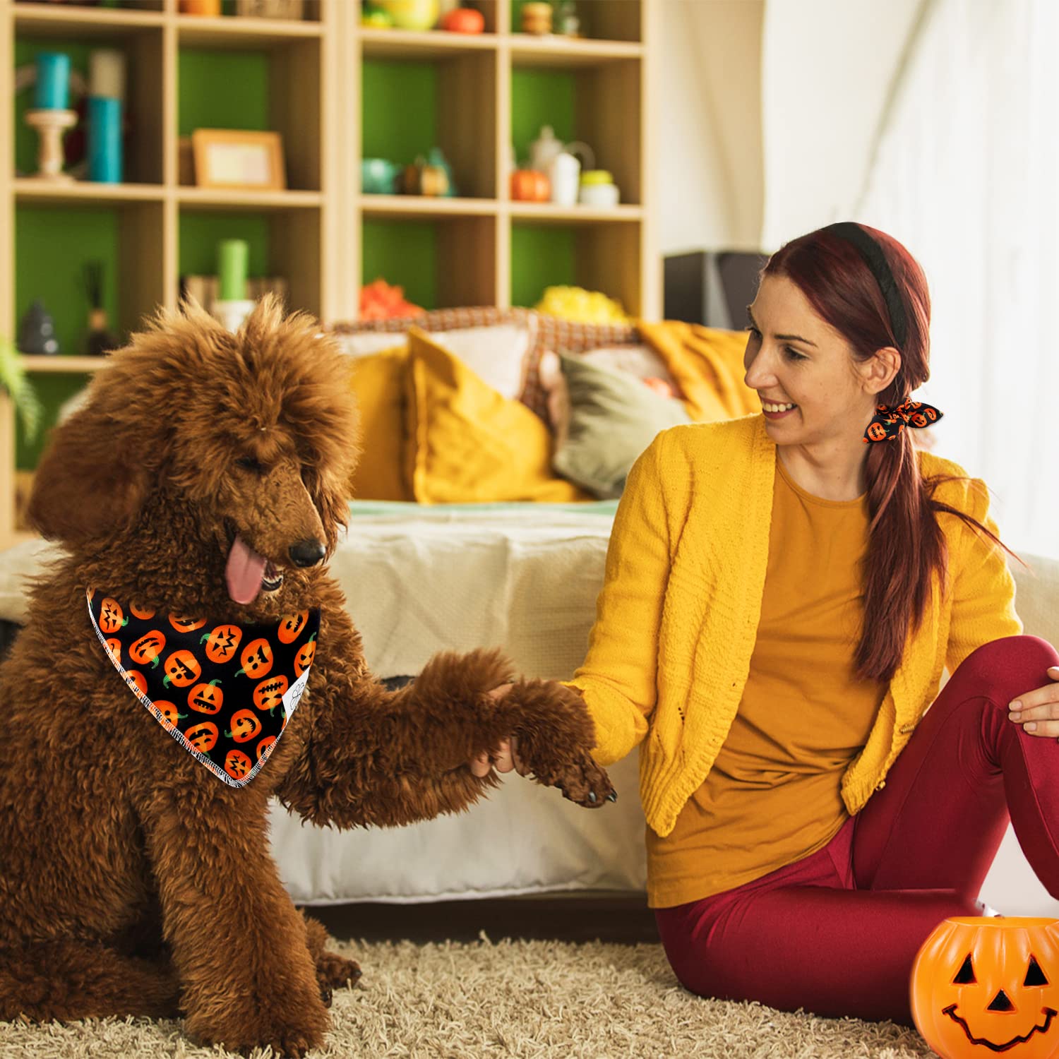 Thanksgiving Dog Bandanas & Matching Scrunchie Set Pumpkin Dog Scarf Kerchiefs Pet Outfit For Medium Large Dogs Owner Mom Orange Black Costumes