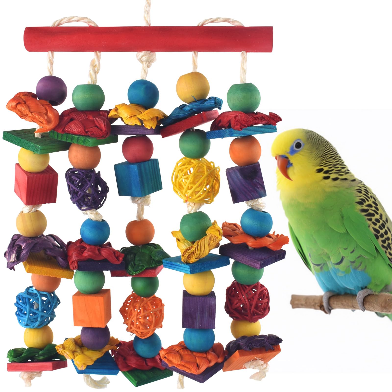 Dbness Bird Toys, Parakeet Chewing Toy, Multicolored Natural Wooden Blocks Birds Parrot Tearing Toys Mit Rattan Wicker Balls, Fo