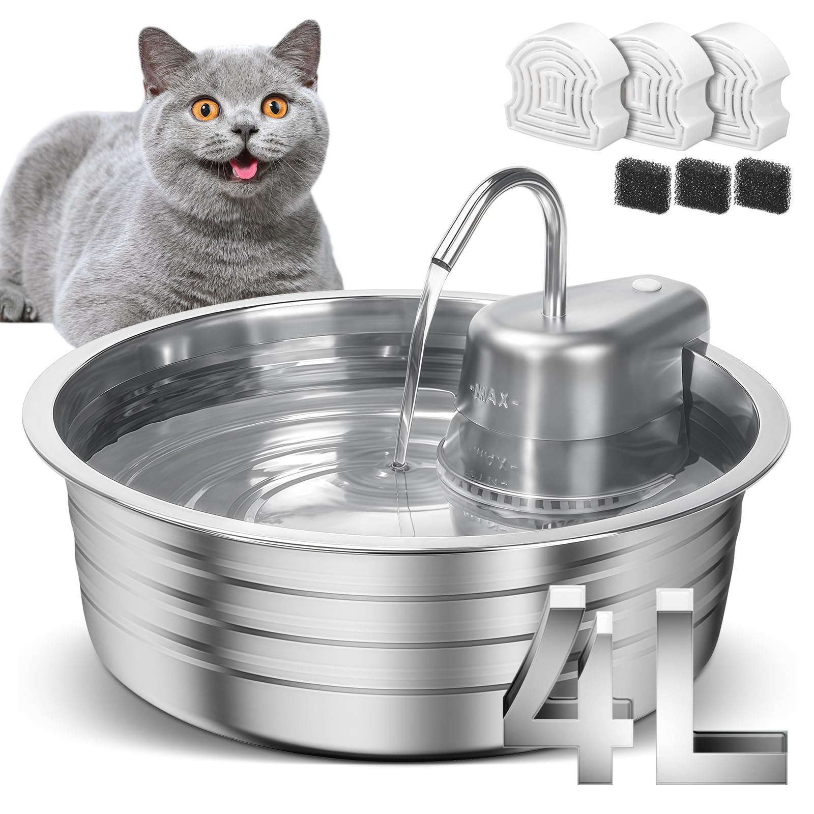 Cat Water Fountain, 4L/135OZ Stainless Steel Pet Fountain with 3 Filters & 3 Sponges Dog Water Dispenser, Dog Water Bowl Cat Dri
