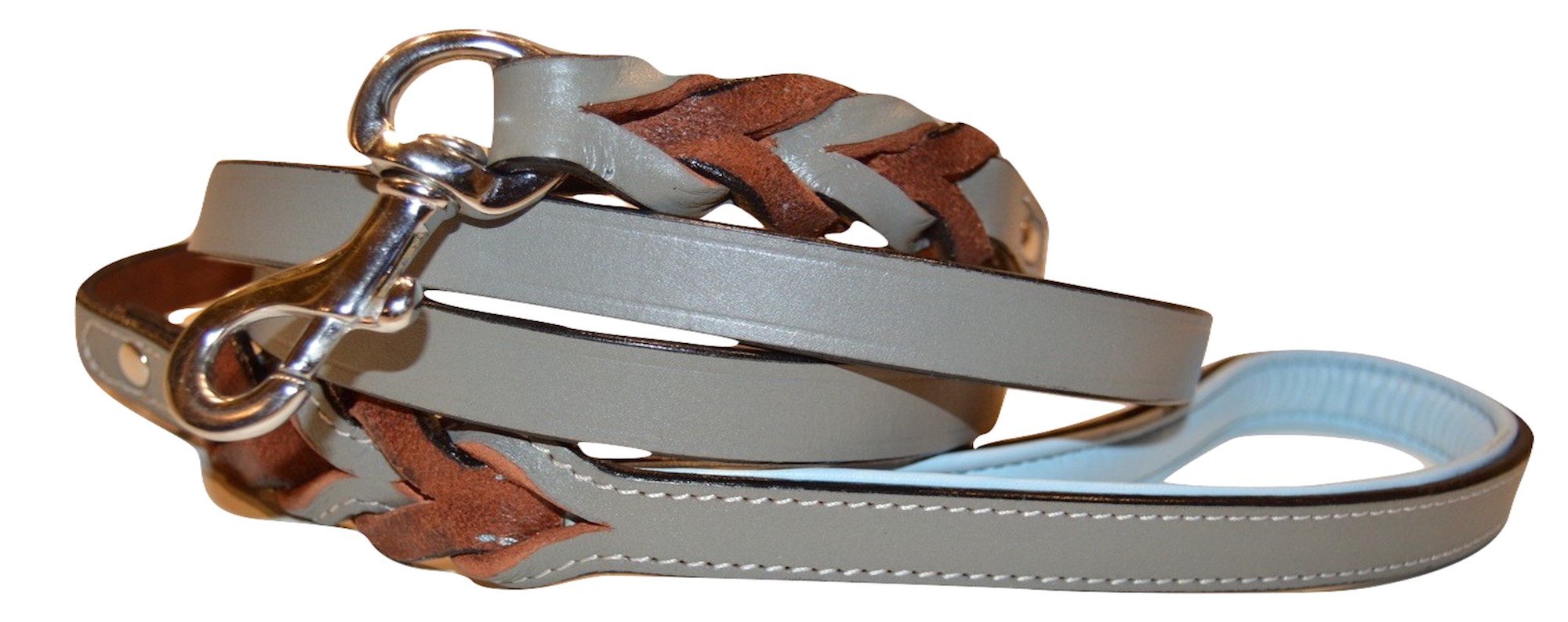 Soft Touch Collars - Leather Braided Dog Leash With Padded Handle, 4Ft. X 1/2 Inch - Grey And Blue