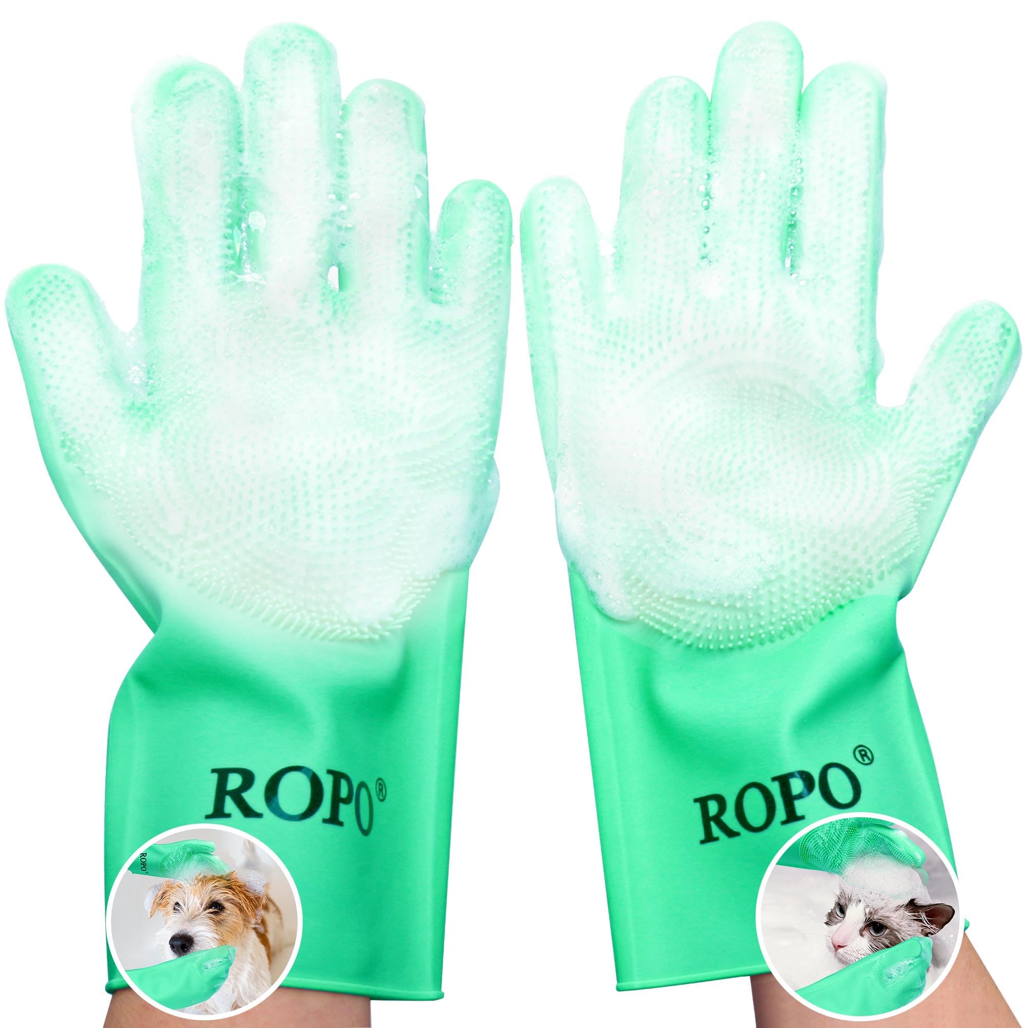 Ropo Silicone Gloves For Pet Grooming, Multi-Functional Gloves For Pet Hair Shedding, Bathing, And Massage (Green)