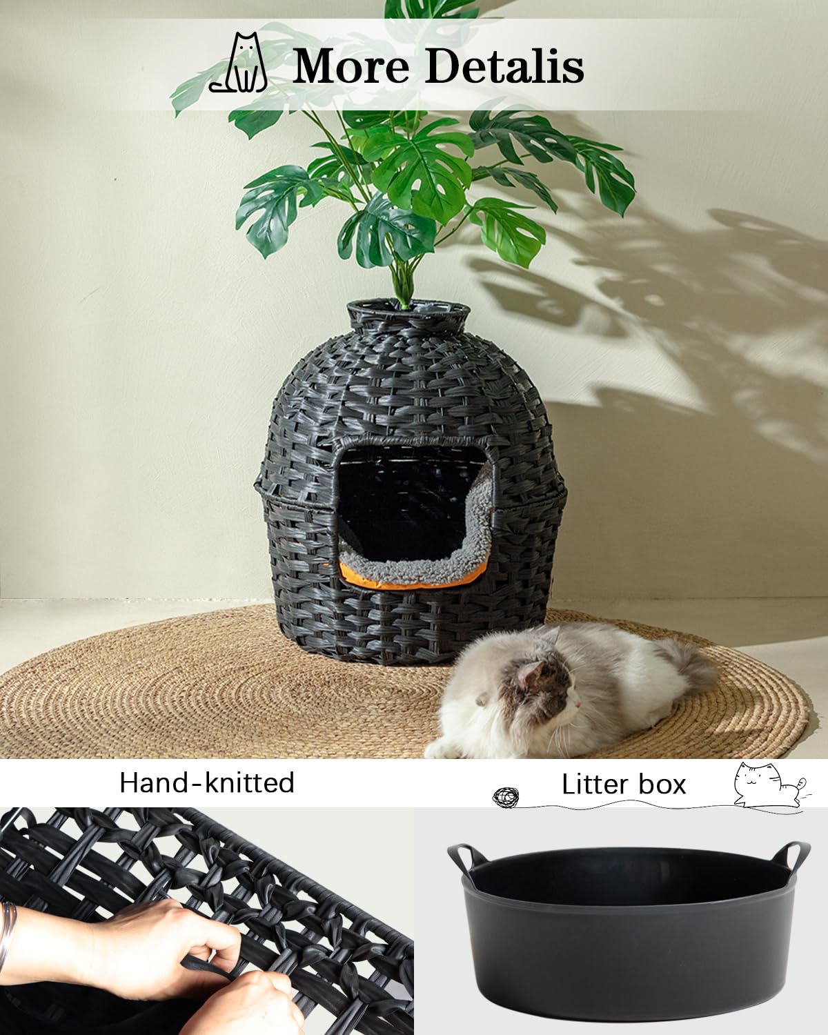Setvson Cat Litter Box Plant Furniture Enclosure, Hidden Handwoven Rattan With Cat Litter Box And Artificial Plants, Odor Contro