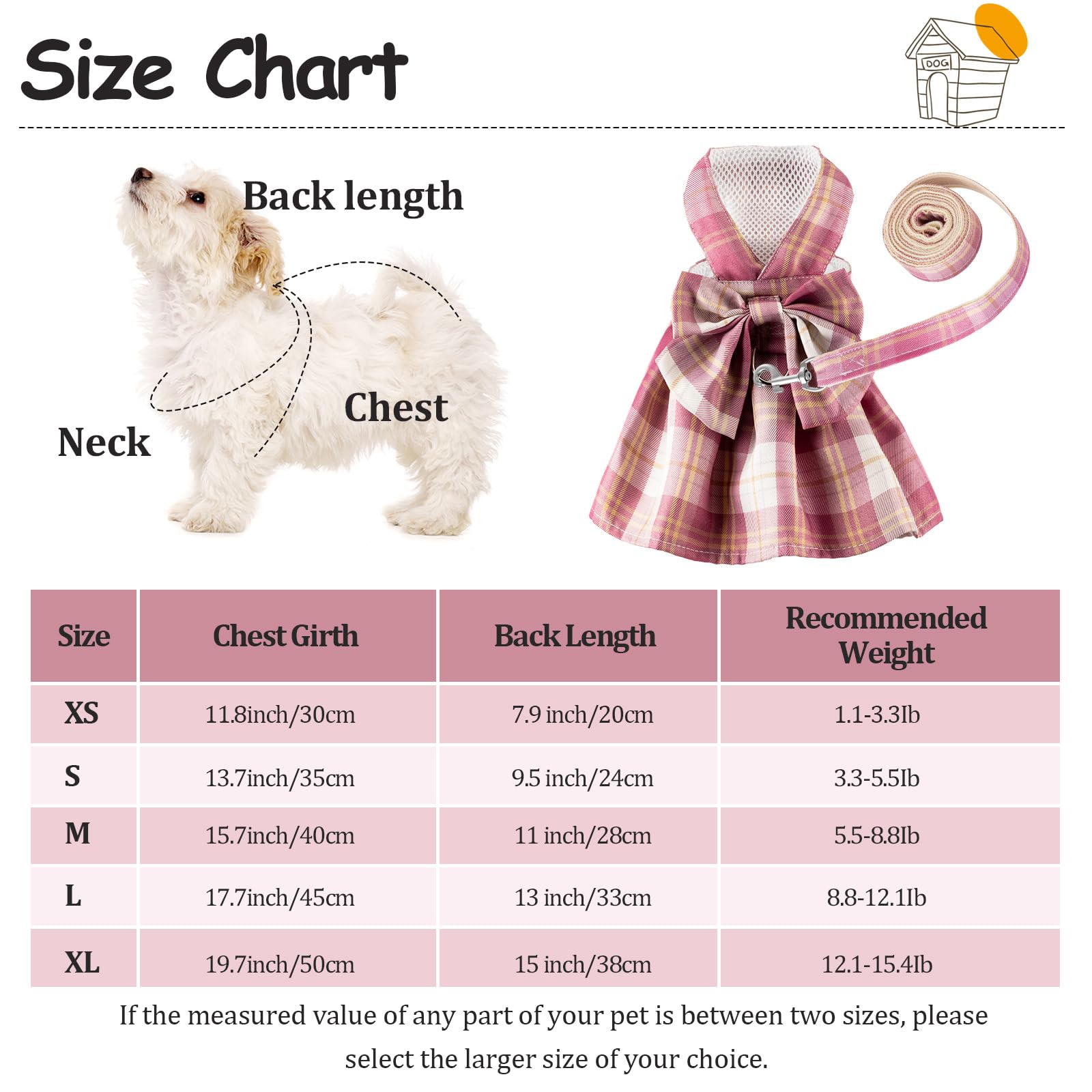 4 Pcs Plaid Dog Dress Bow Tie Harness Leash Set Harness Dress For Small Dogs Cute Dog Pet Girl Puppy Summer Clothes For Female Summer Bunny Rabbit Clothes Yorkie Chihuahua Training Walking (L)