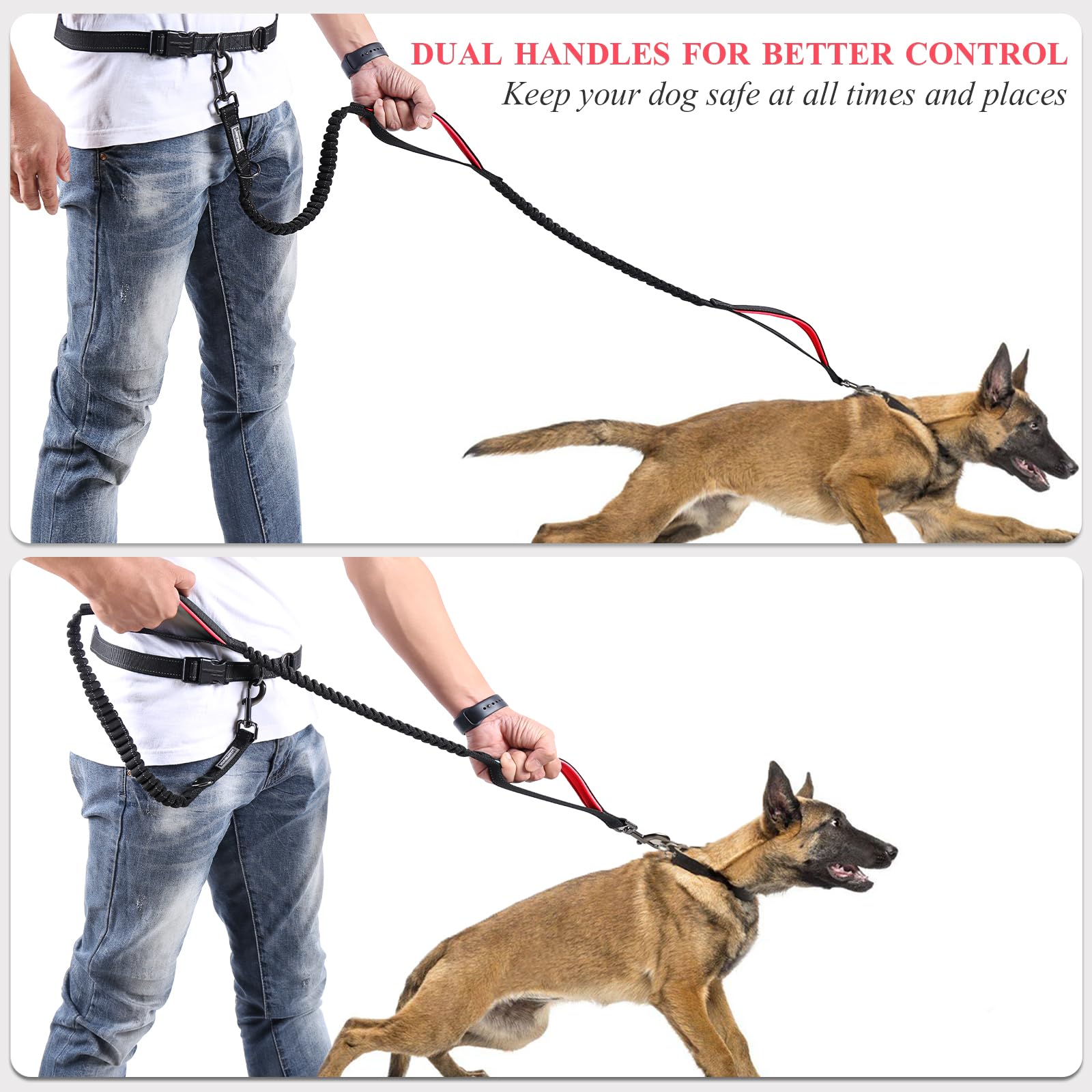 Vivaglory Hands Free Dog Running Leash With Dual Advanced Anti-Shock Bungees And Padded Handles, Reflective Waist Jogging Leash With Adjustable Belt For Training For Medium Large Dogs, Black/Red