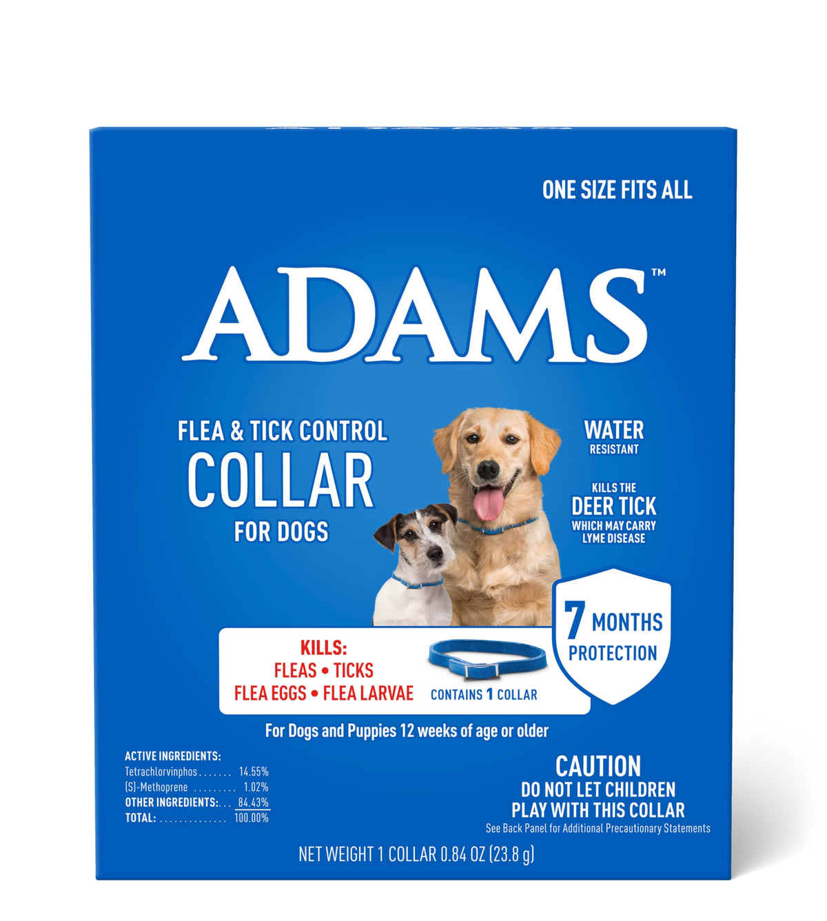 Adams Flea & Tick Control Collar For Dogs, 7-Month Protection, Adjustable One Size Collar Fits All, Kills And Repels Fleas, Ticks, Flea Eggs & Flea Larvae