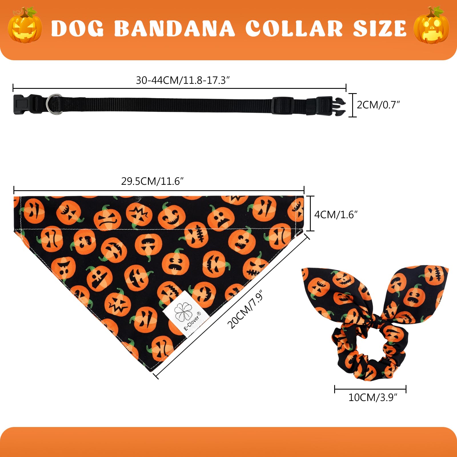 E-Clover Halloween Dog Collar - Pumpkin Dog Collar Bandana & Matching Scrunchie Adjustable Dog Collars Girl Boy For Xs Small Dog
