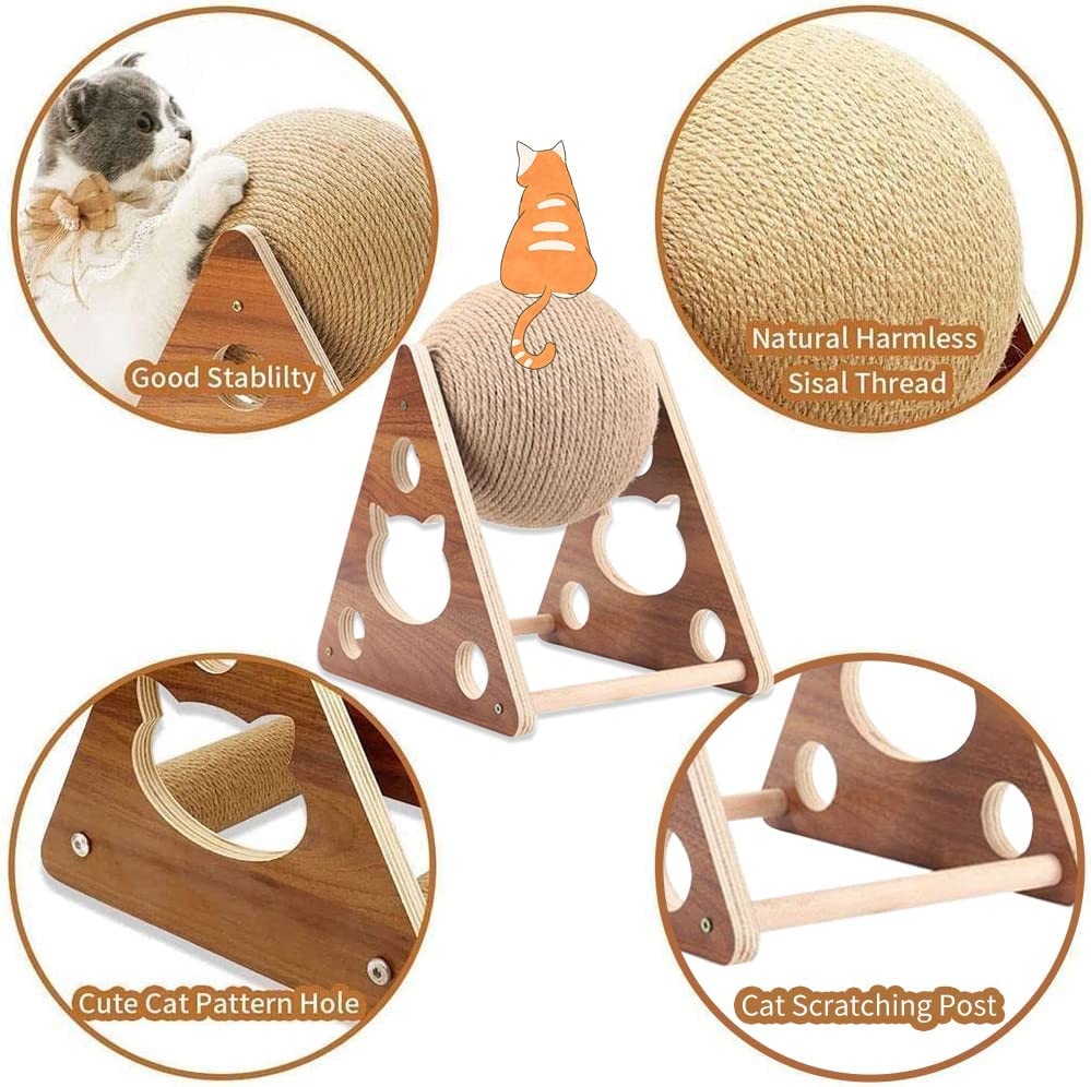 Cat Scratcher Toy,Natural Sisal Rope Cat Scratching Ball Scratcher Toy With Ball For Cats& Kittens&Dogs&Puppy, Interactive Solid Wood Scratcher Pet Toy Suitable For Small Cats And Dogs (Large)