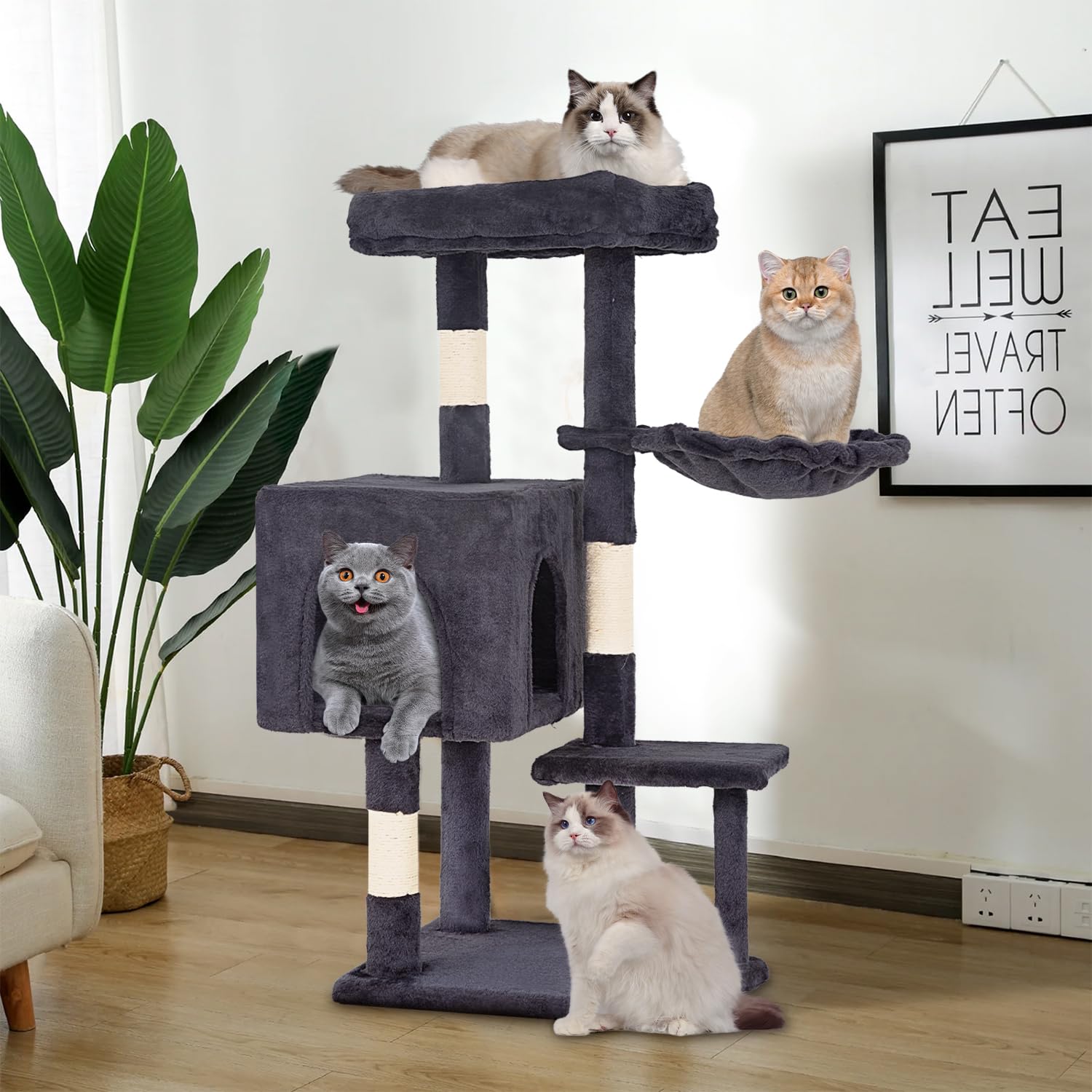 FDW | 37.8 Cat Tree Tower | Dark Gray | Multi-Level Indoor Activity Center with Sisal Scratching Posts, Condos, Plush Perches, H