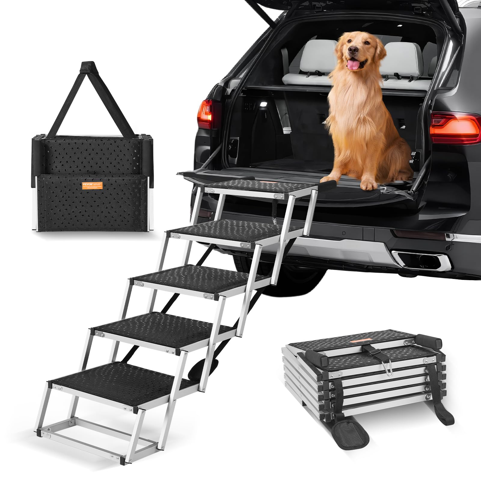 Vevor Dog Stair For Cars, Wide 5-Step Dog Car Steps, Folding Dog Car Ramp With Nonslip Surface, Portable Pet Steps Lightweight Aluminum For Car, Suv And Truck, Supports Up To 150 Lbs