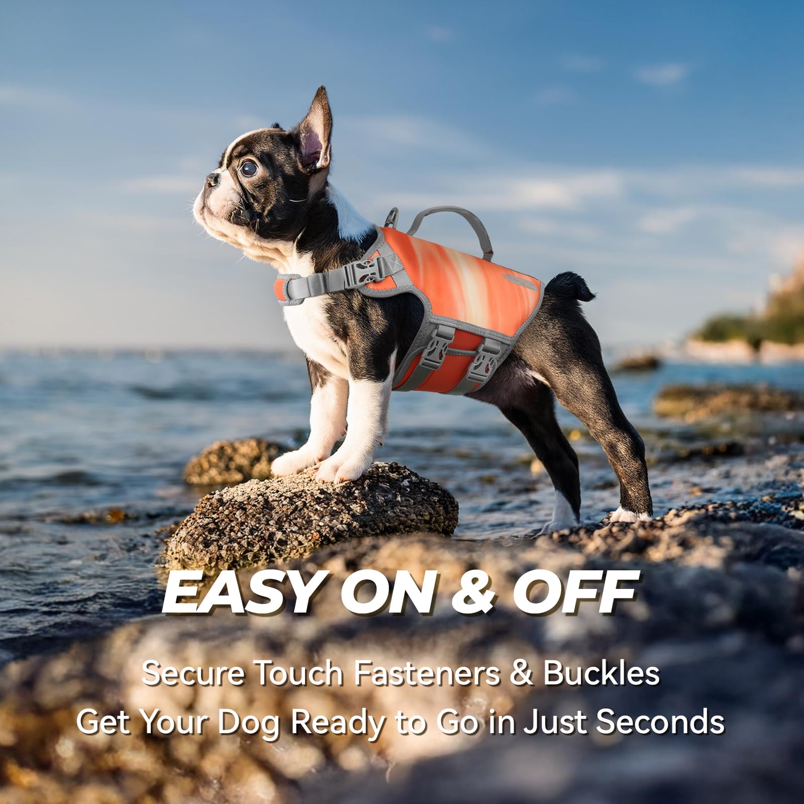 Vivaglory Neoprene Dog Life Jacket Dog Water Vest For Boating Hunting & Swimming, Lightweight With Leash Ring, L, Orange Sunset