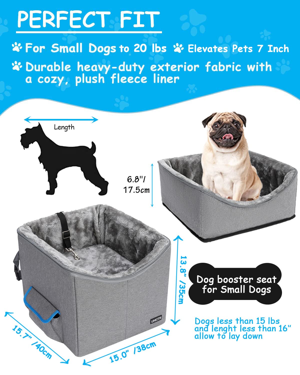 Unicitii Lookout Pet Car Booster Seat For Small Dogs, Bucket Booster Pet Seat, Elevated Dog Booster Car Seat, Lookout Dog Car Seat For Small Dogs