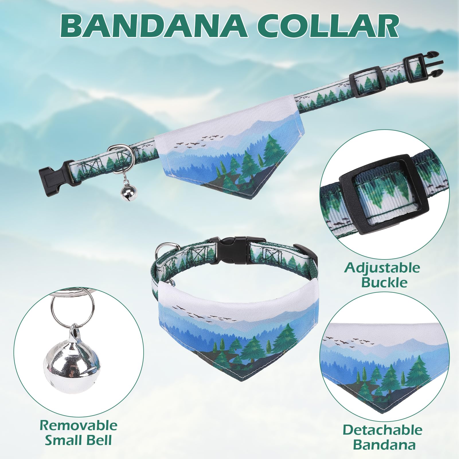 Expawlorer Small Dog Collar And Leash Set - Adjustable Dog Bandana Collar With Bell, Cute Dog Collar With Bow, Green Trees Patte