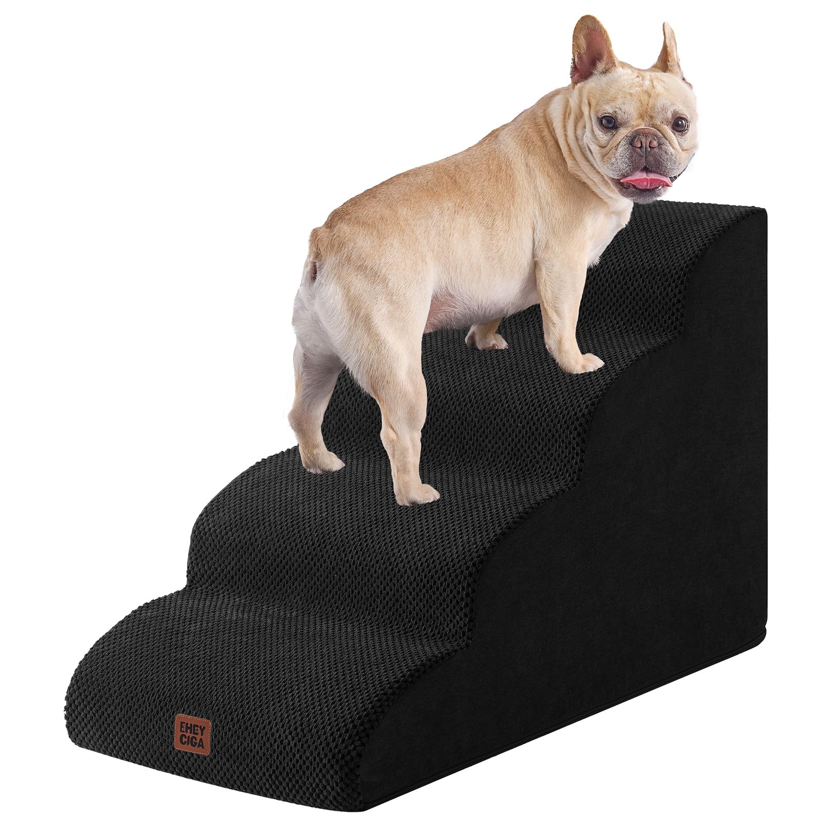 EHEYCIGA 4-Step Curved Dog Stairs Ramp for High Beds, Non-Slip Fleece, 19.7" H, Black, Model ECUS24PPT10FB01