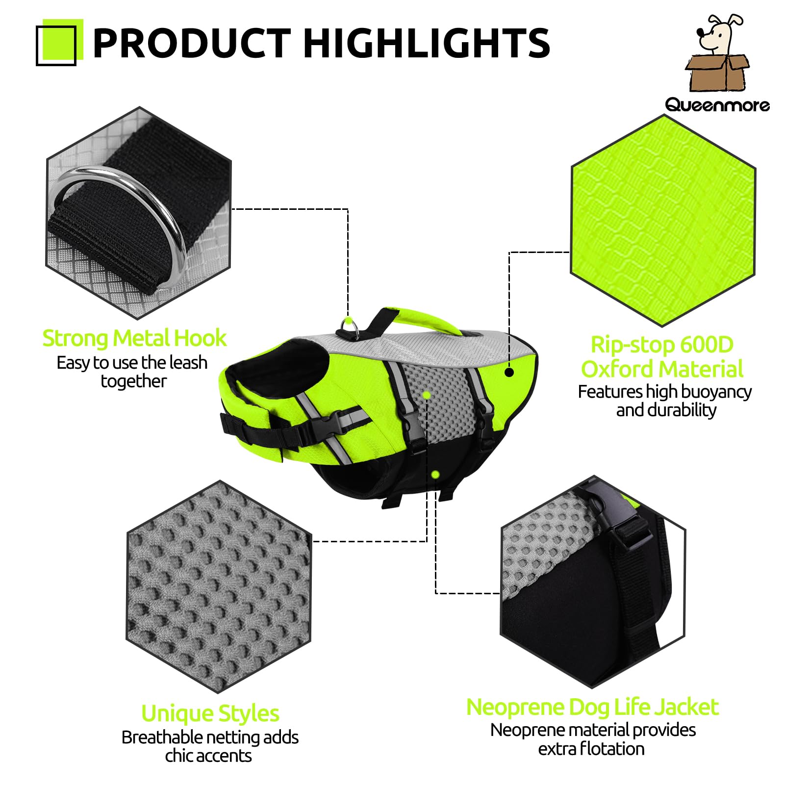 Queenmore Dog Life Jacket Small Float Vests For Swimming Boating Kayaking Mediumn Puppy Dogs Cats Neoprene Life Preserver Pet Wa