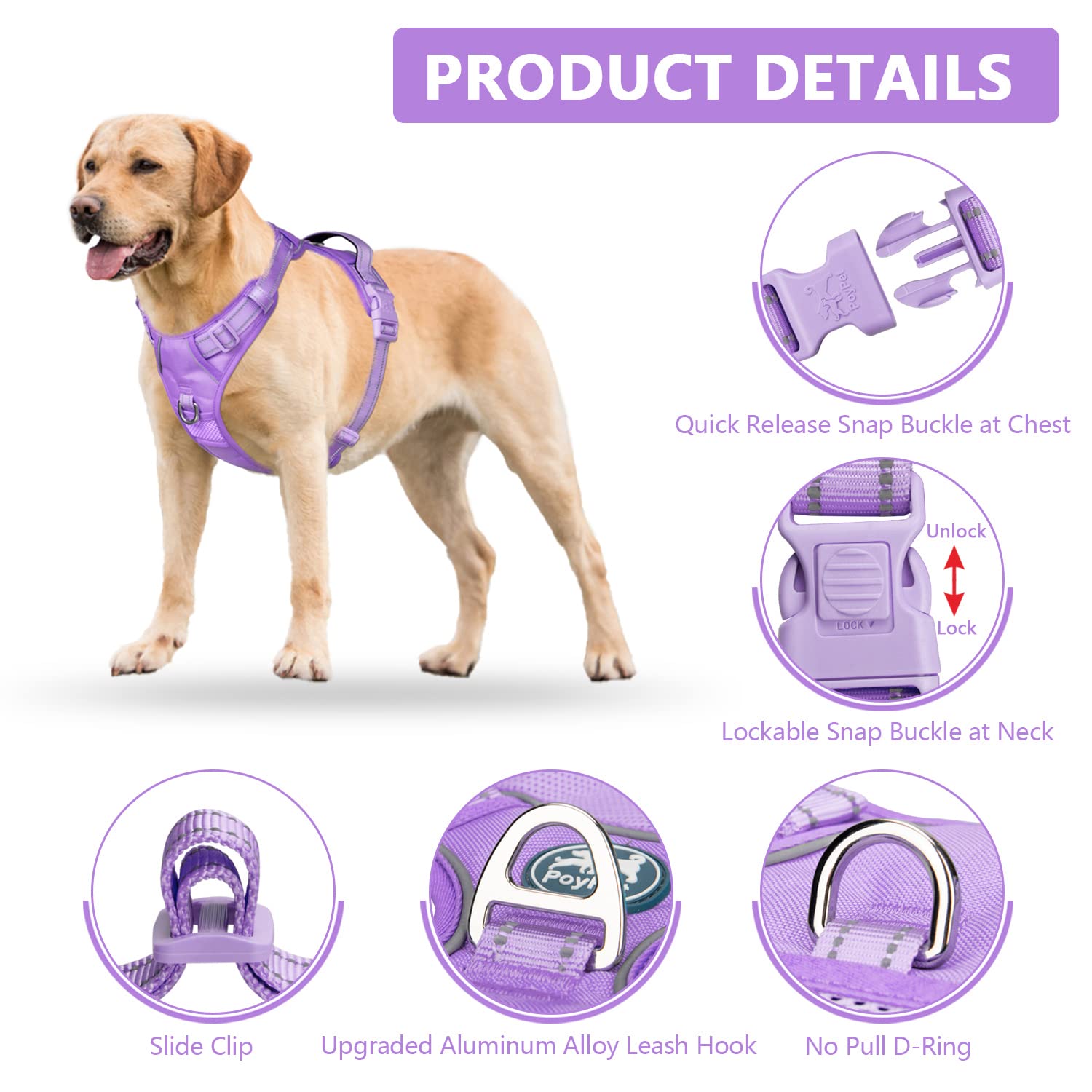 Poypet No Pull Dog Harness, No Choke Reflective Dog Vest, Adjustable Pet Harnesses With Easy Control Padded Handle For Small Medium Large Dogs(Light Purple Matching Trim,L)
