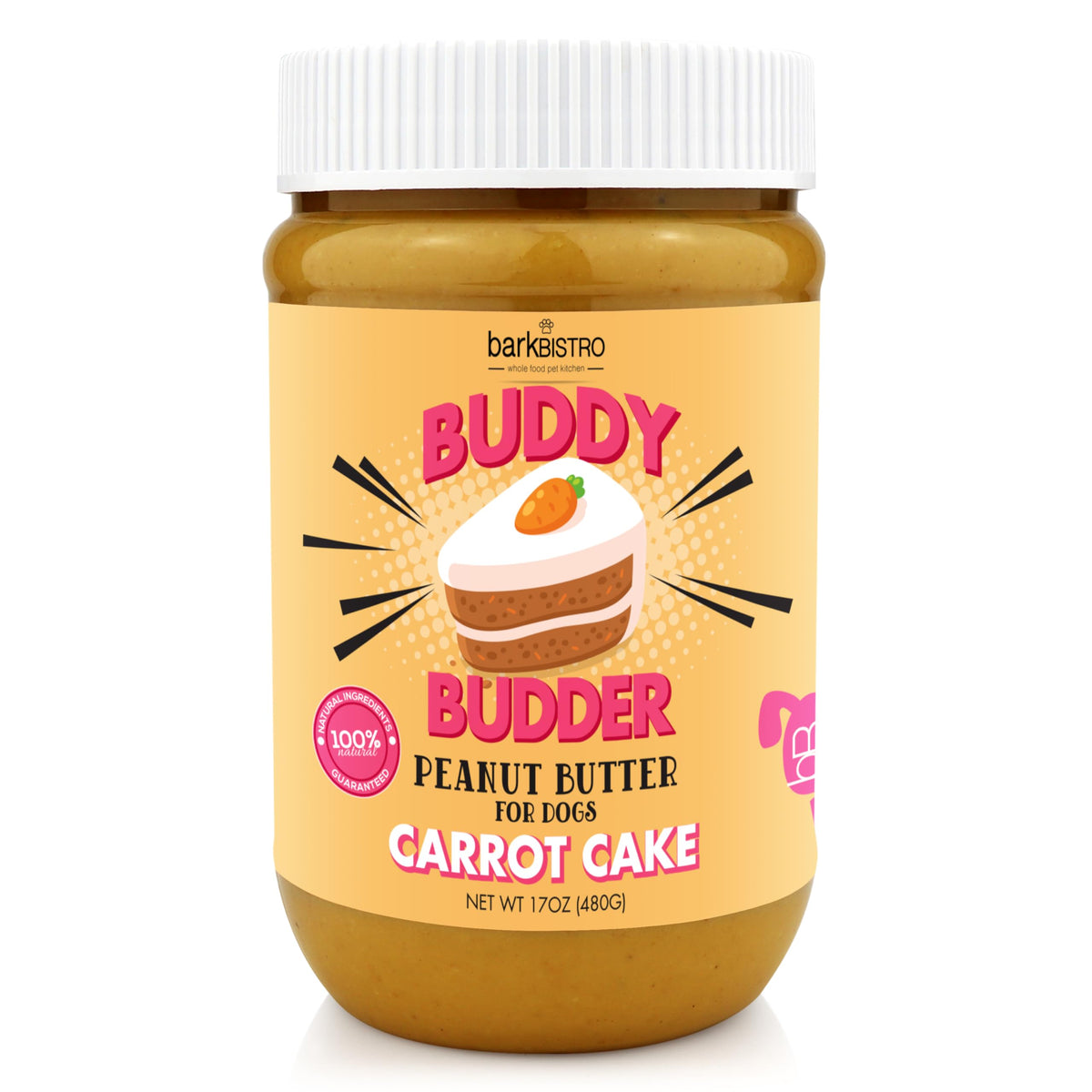 Buddy Budder Carrot Cake, 100% Natural Healthy Peanut Butter Dog Treats, Stuff In Toy, Dog Pill Pocket, Made In Usa, (17 Oz Jars)